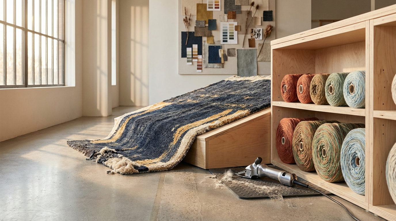 Textile design studio with a navy and cream rug, colorful yarn spools on wooden shelves, and rug-making tools on the floor