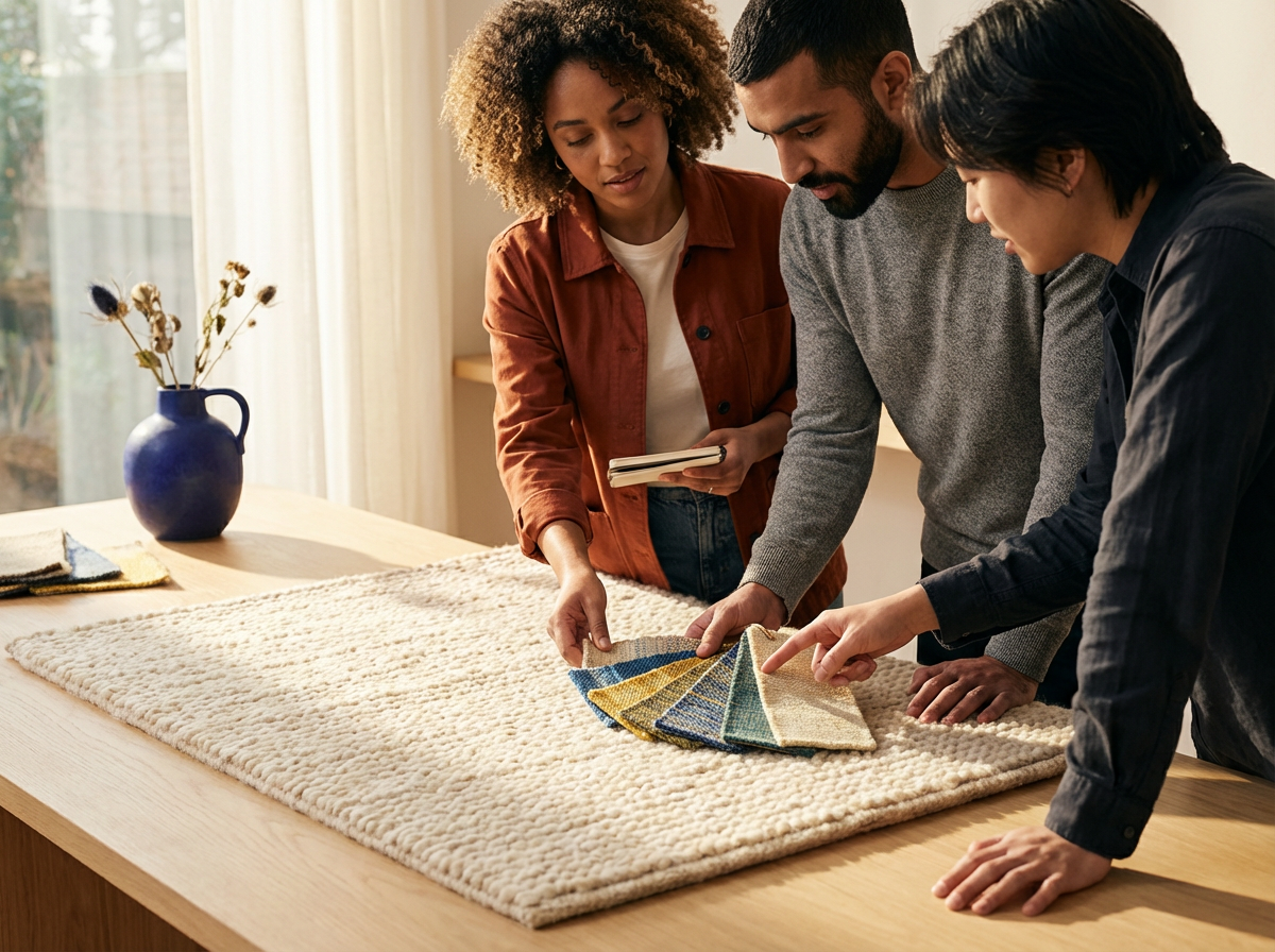 Three people compare colorful fabric samples on a cream rug at a wooden table.