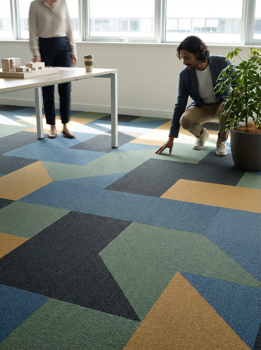 Office workers inspecting colorful geometric carpet tiles beside a table and potted plant