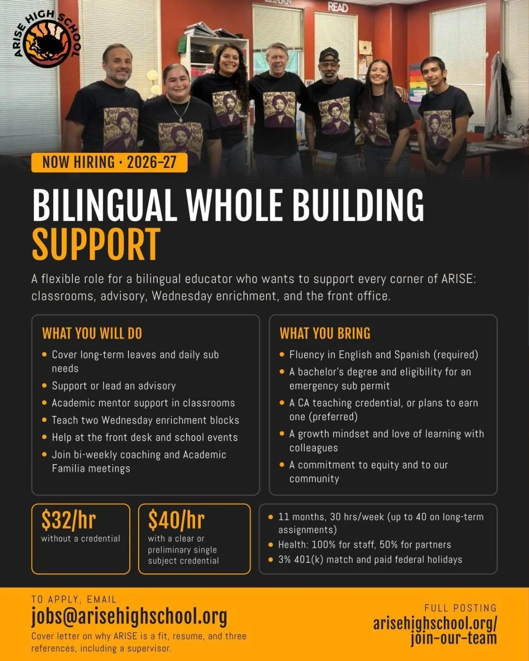 We're hiring! ARISE is looking for a Bilingual Whole Building Support educator for 2026-27.

This role touches every corner of our school: covering classes, supporting advisory, mentoring in classrooms, teaching Wednesday enrichment, and being a trus