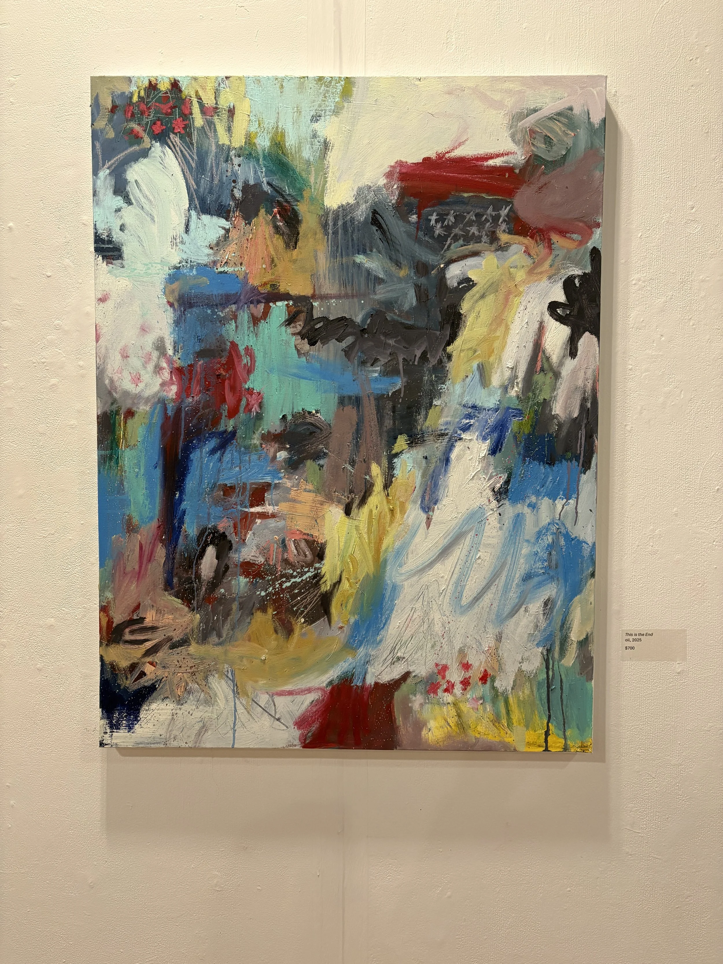 Colorful abstract oil painting titled “This is the End” displayed on a gallery wall.