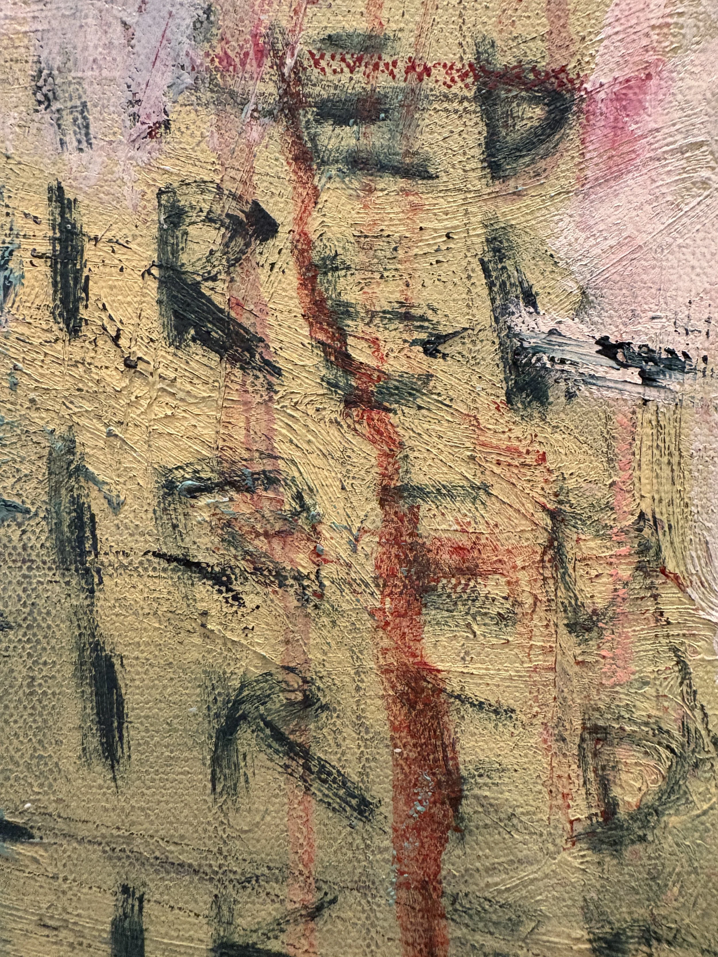 Close-up of weathered, multicolored tree bark with deep grooves and contrasting red, green, tan, and black textures