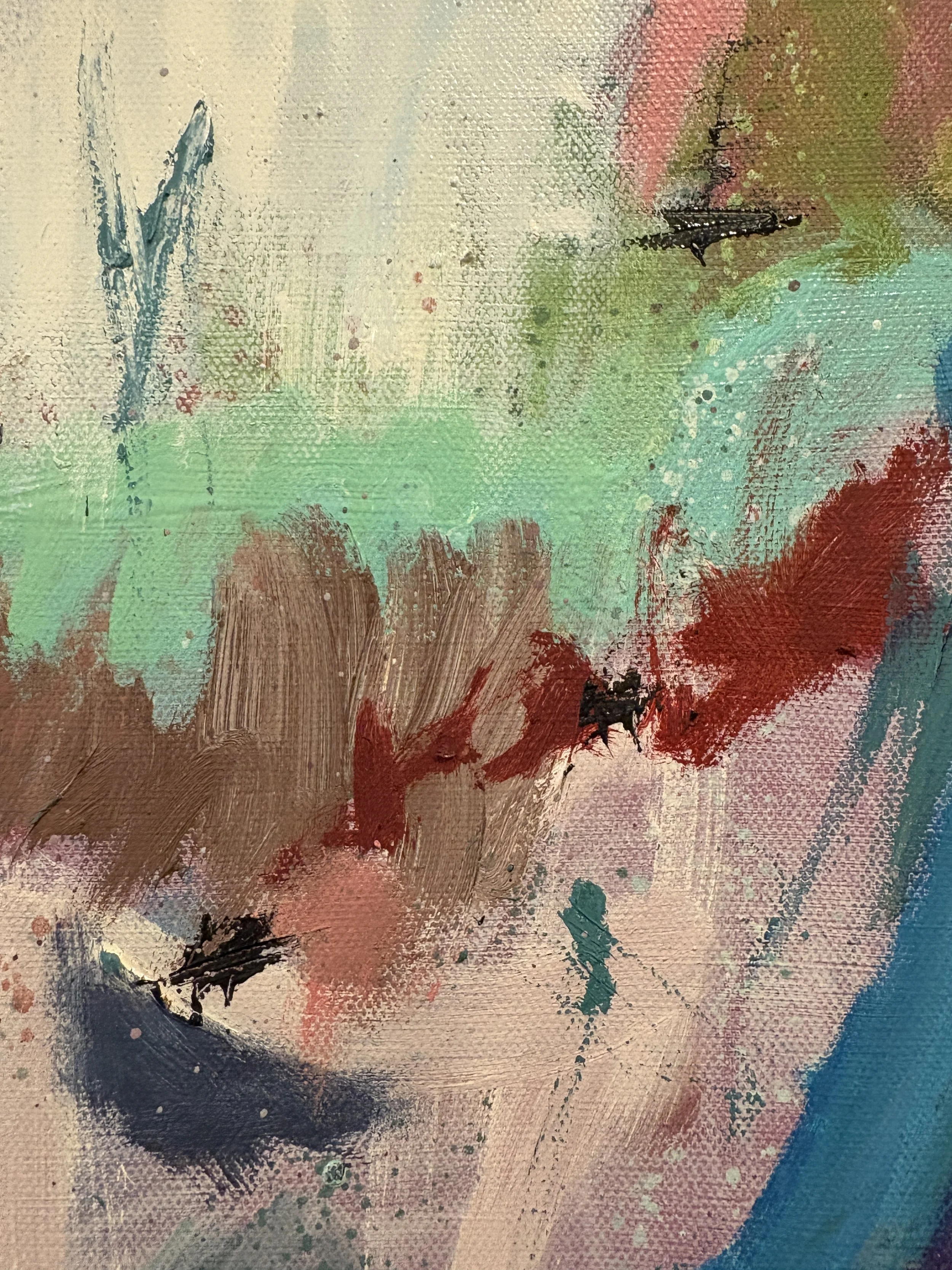 Abstract textured painting with layered teal, red, brown, cream, and black brushstrokes