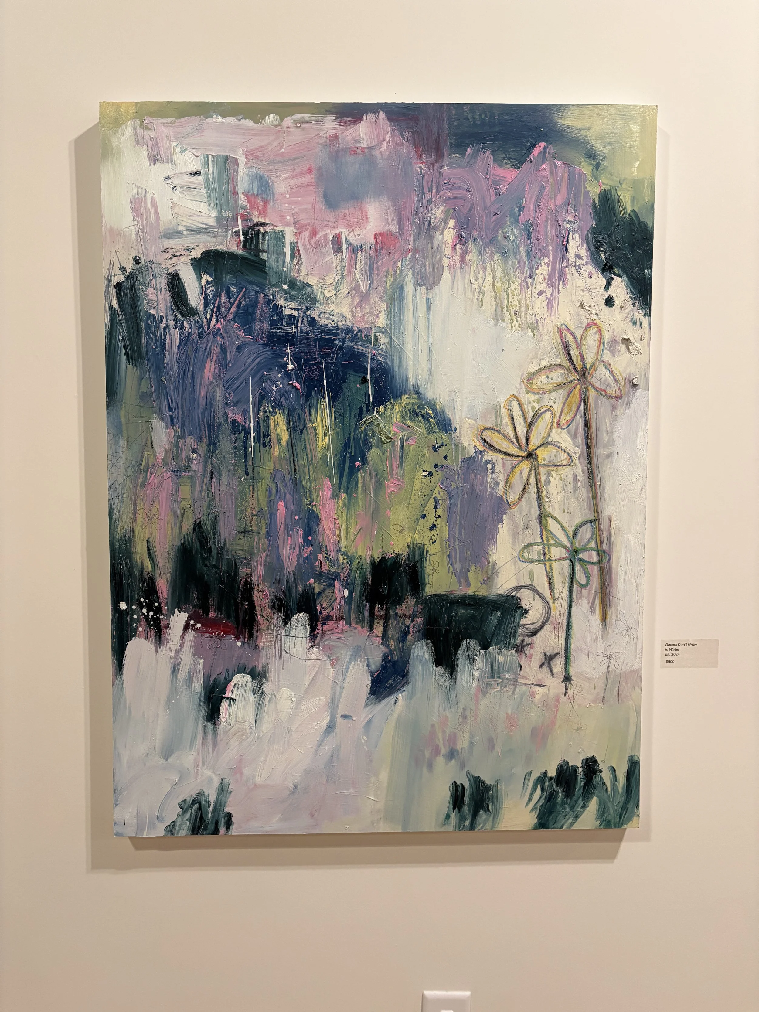 Abstract floral oil painting titled “Daises Don’t Grow in Water,” featuring layered pink, purple, green, and blue brushstrokes with hand-drawn flowers.