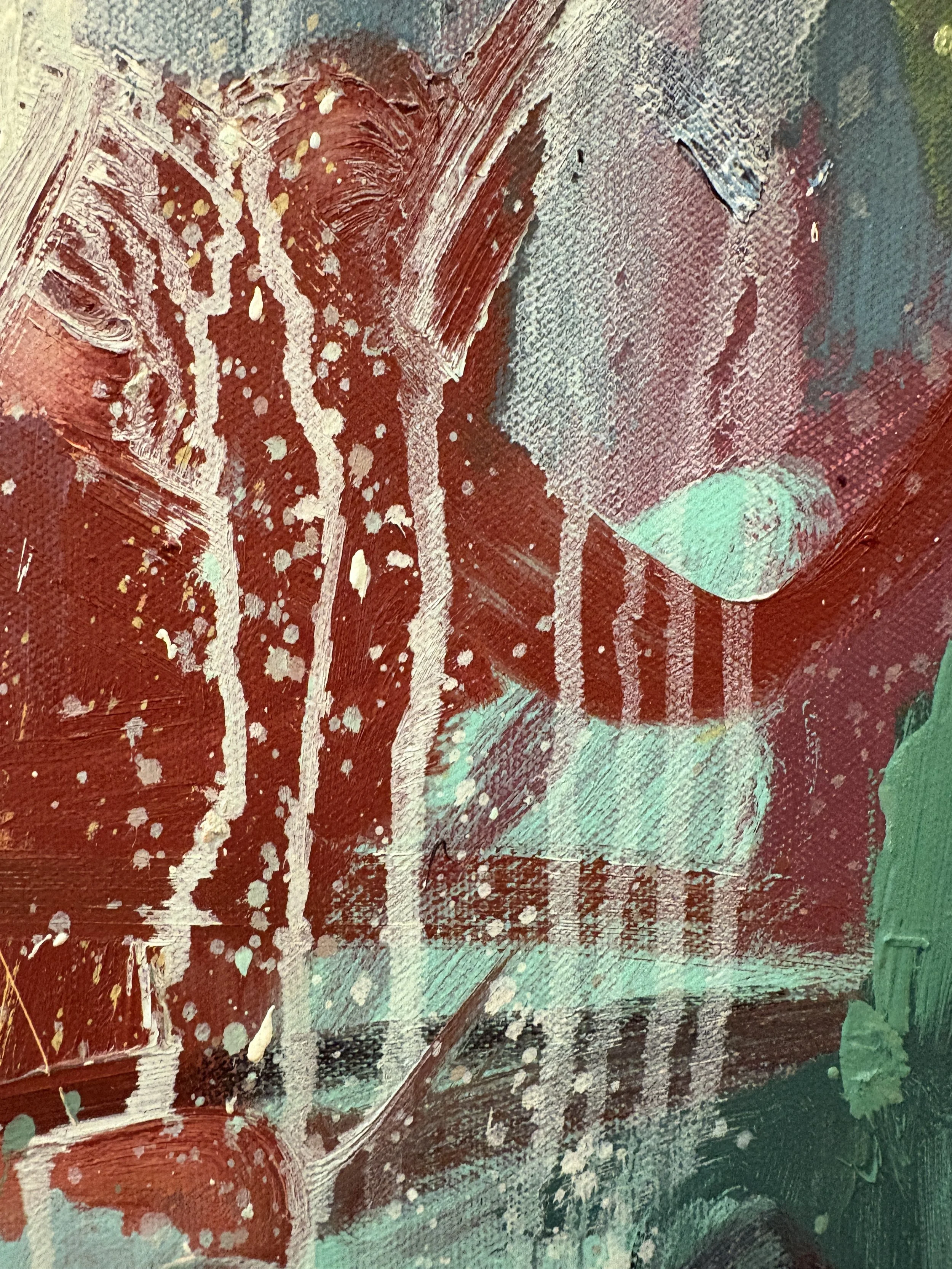 Close-up abstract painting with layered red, teal, gray, cream, and purple brushstrokes and textured splatters.