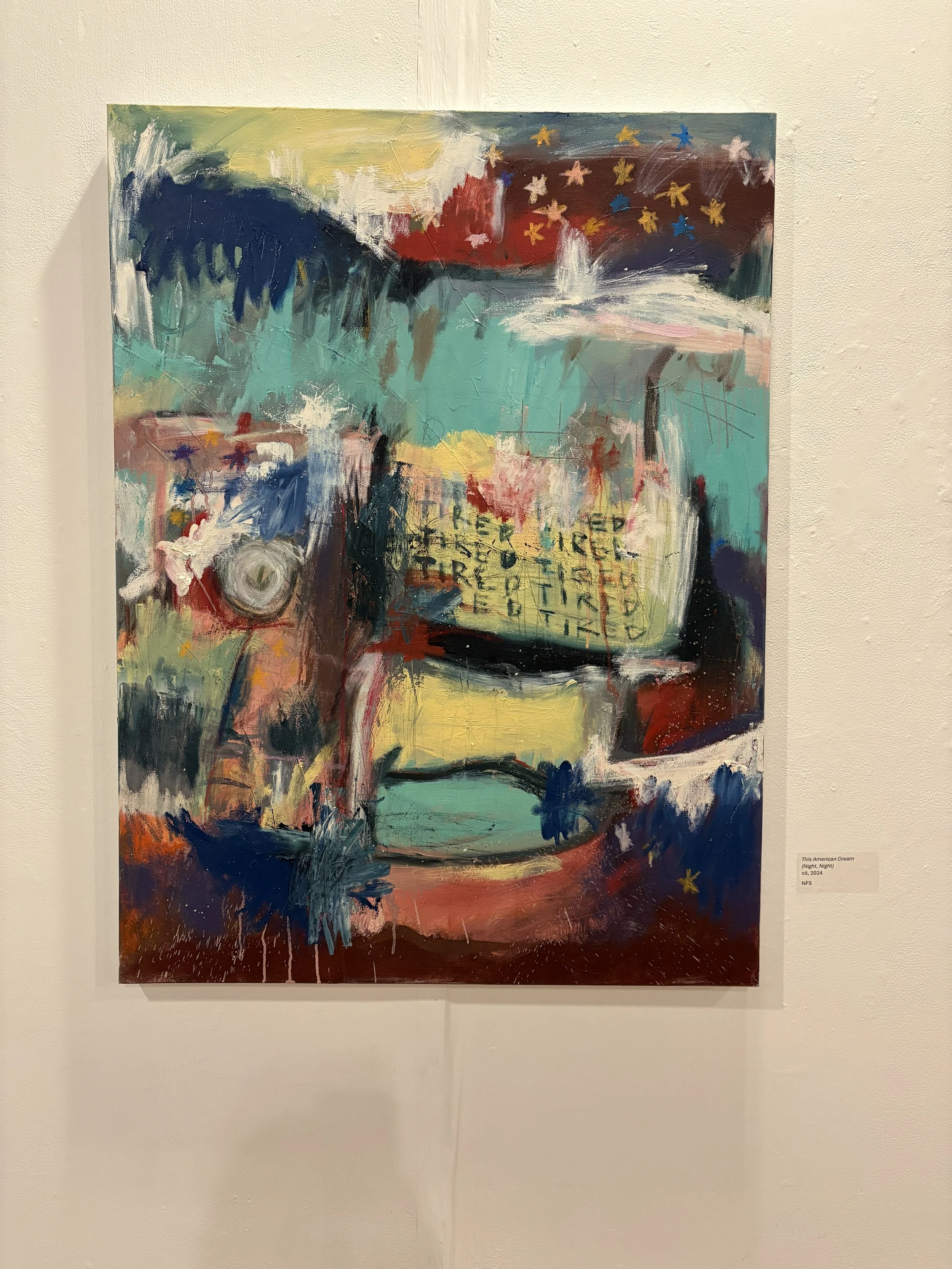 Abstract mixed-media painting titled “This American Dream (Night, Night),” featuring layered colorful brushstrokes, geometric forms, and scattered star shapes.