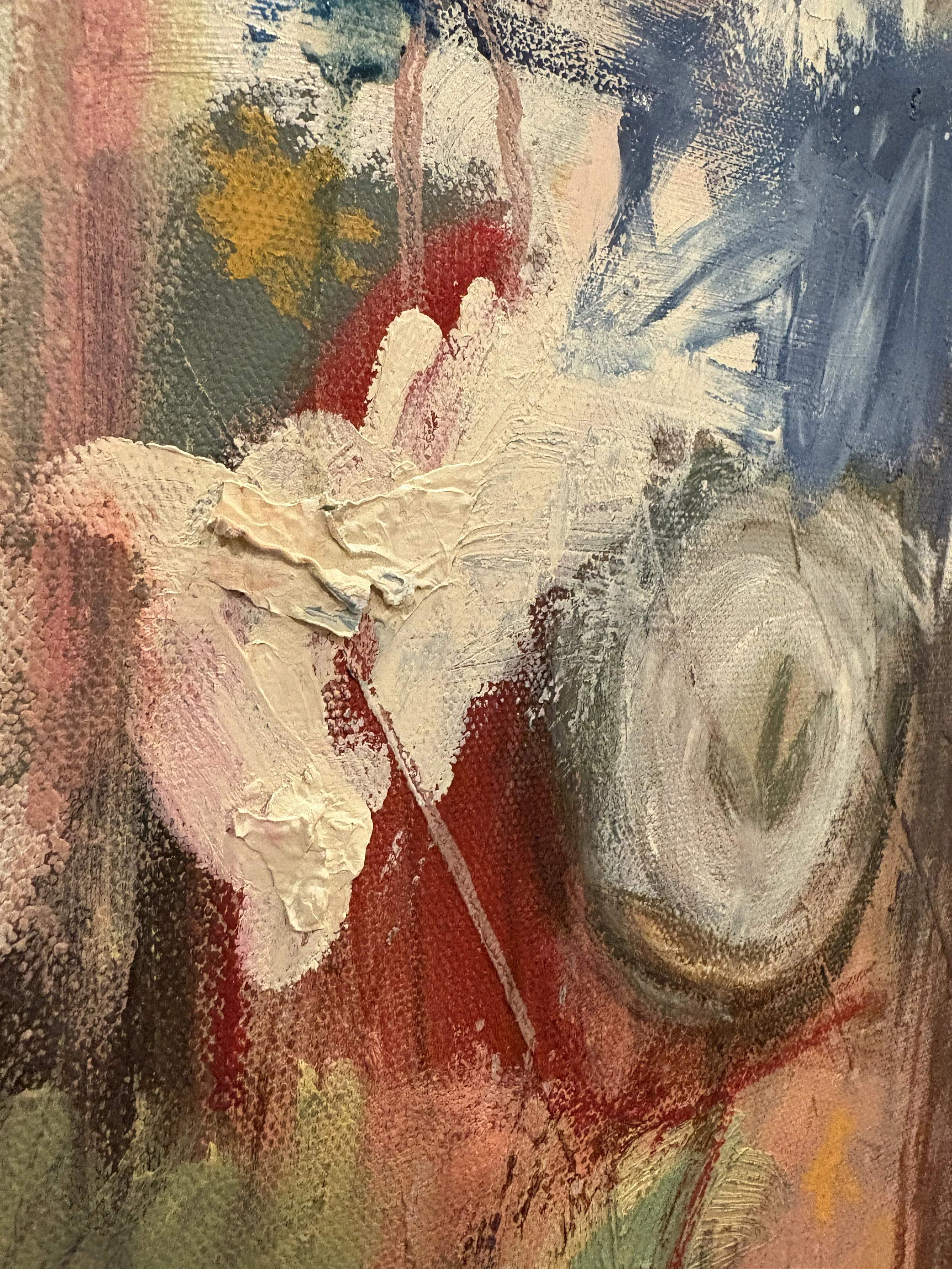 Abstract textured artwork with layered cream, red, blue, green, and ochre brushstrokes