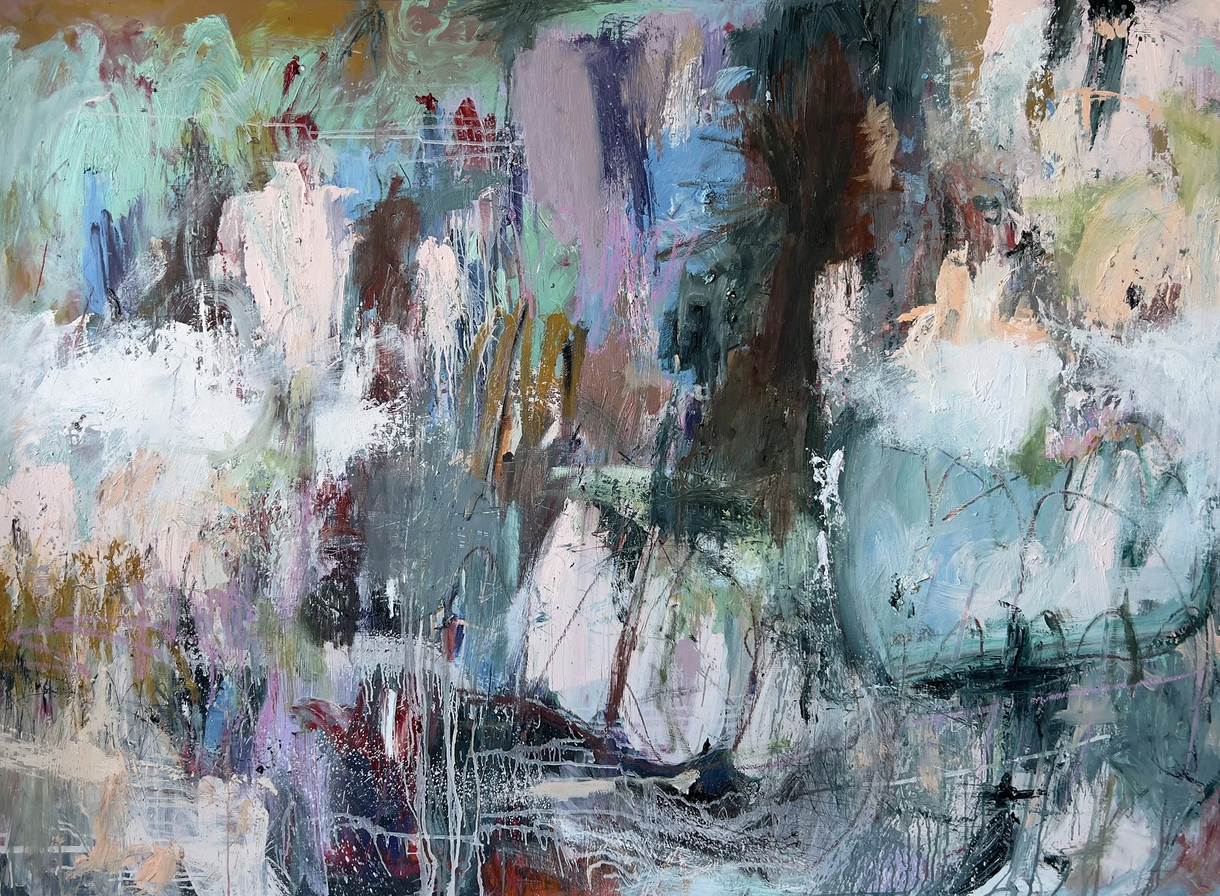 Large abstract painting with layered brushstrokes and textured shapes in teal, lavender, pink, white, brown, and charcoal.