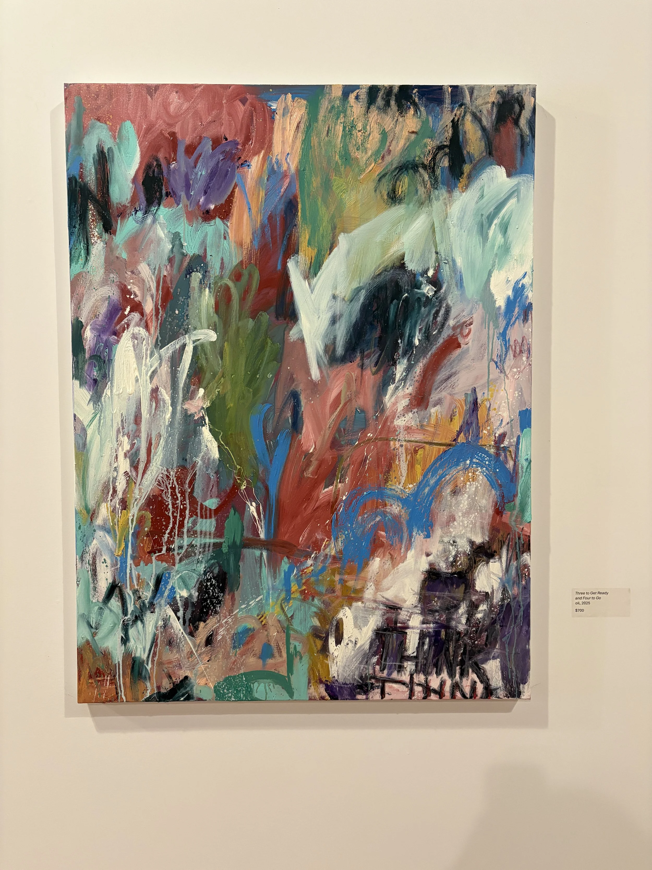Large colorful abstract oil painting titled “Three to Get Ready and Four to Go,” displayed in a gallery.
