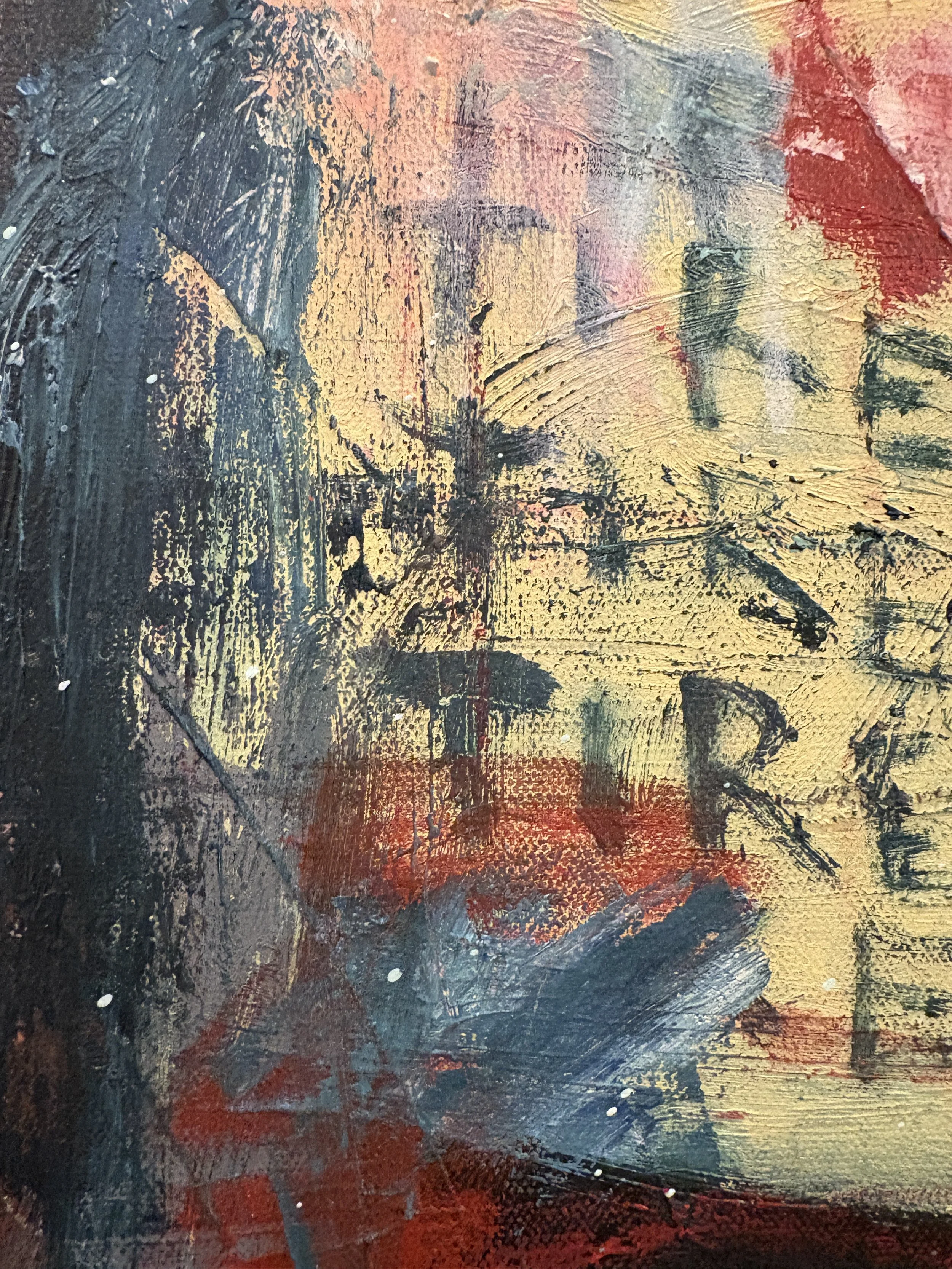 Abstract multicolored textured artwork with layered black, gold, red, blue, and pink brushstrokes