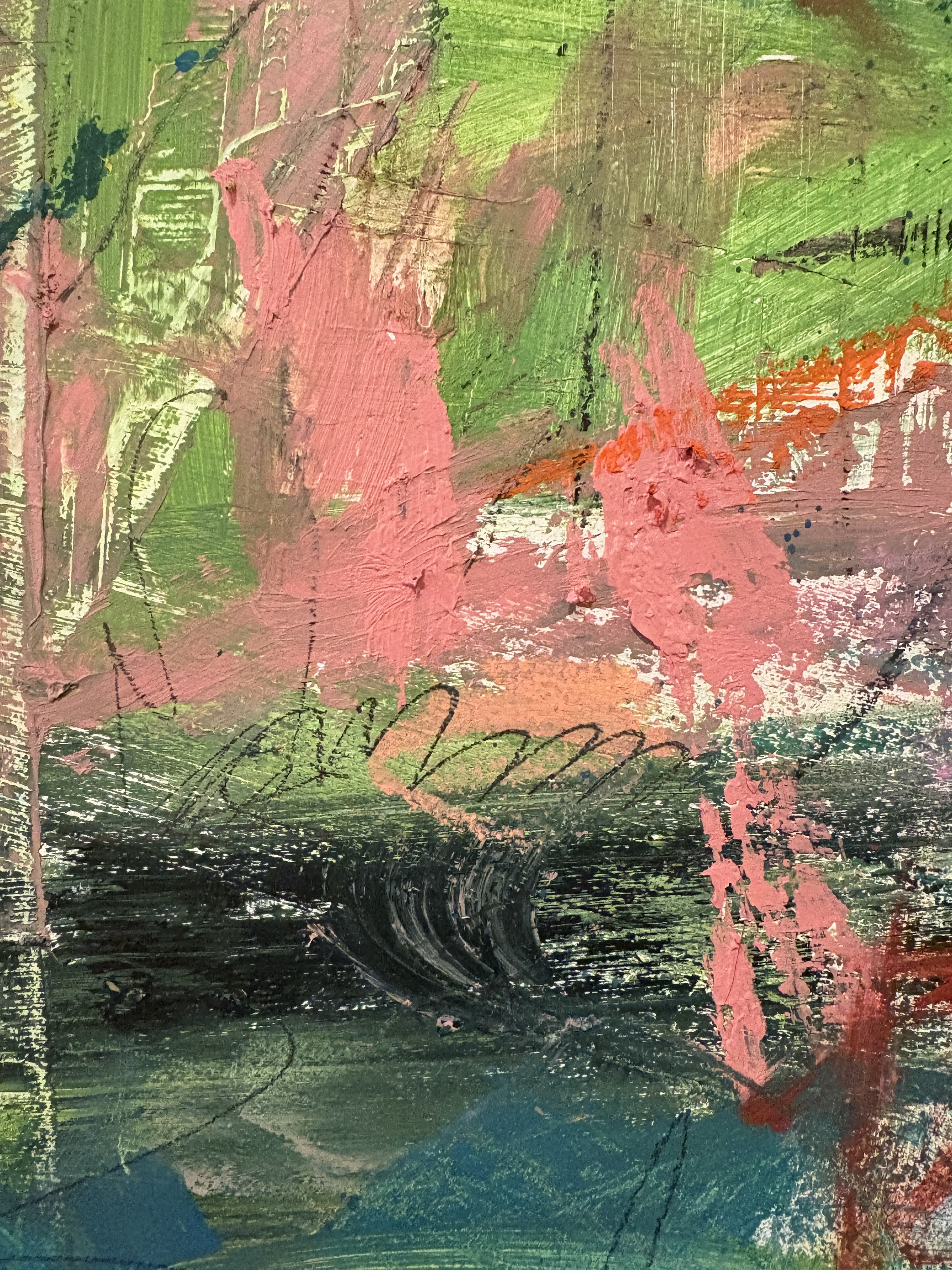 Abstract expressionist painting with layered green, pink, red, orange, and blue brushstrokes