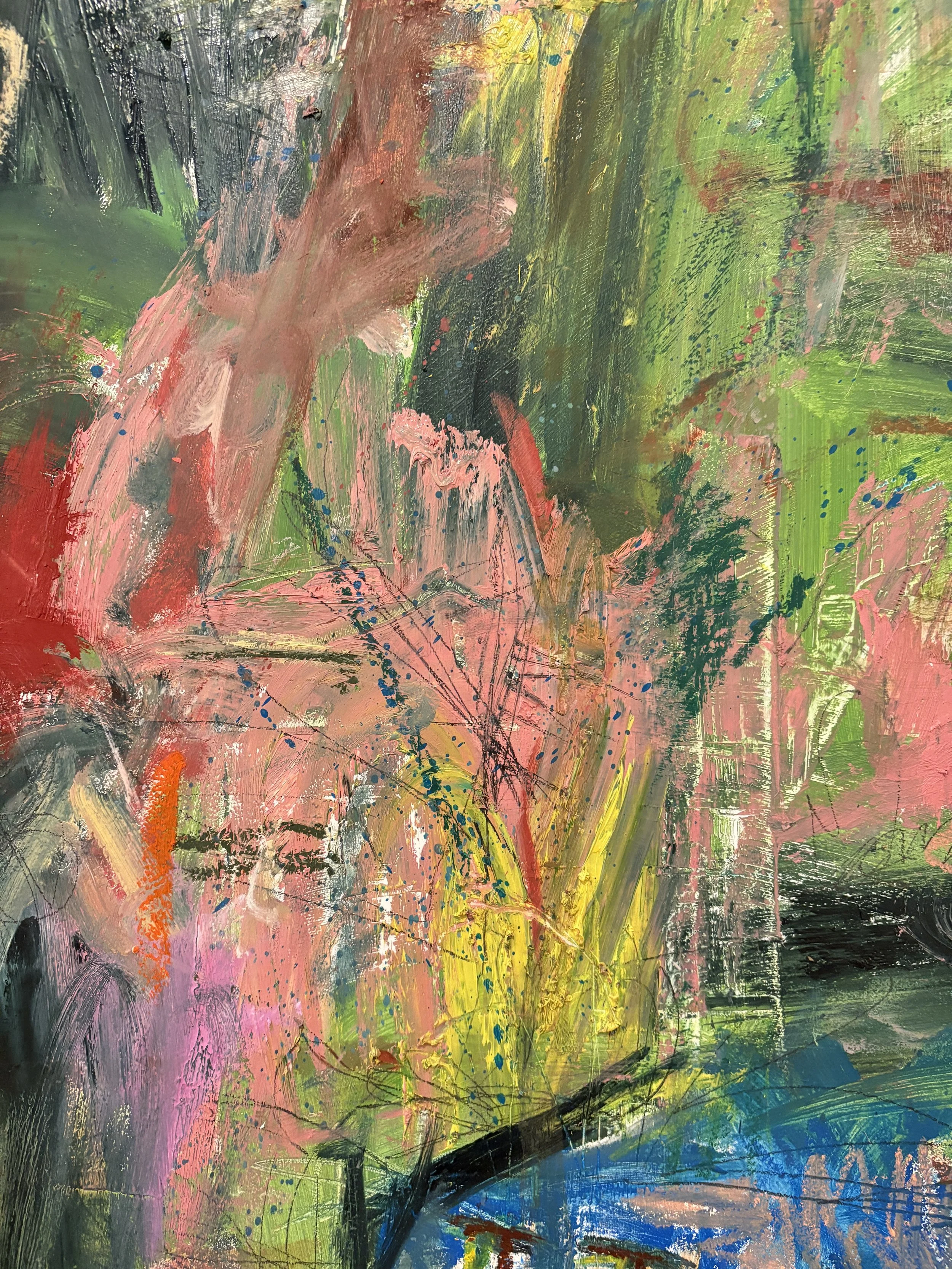 Vibrant abstract painting with layered pink, green, yellow, blue, and red brushstrokes, textured impasto, splatters, and expressive marks.