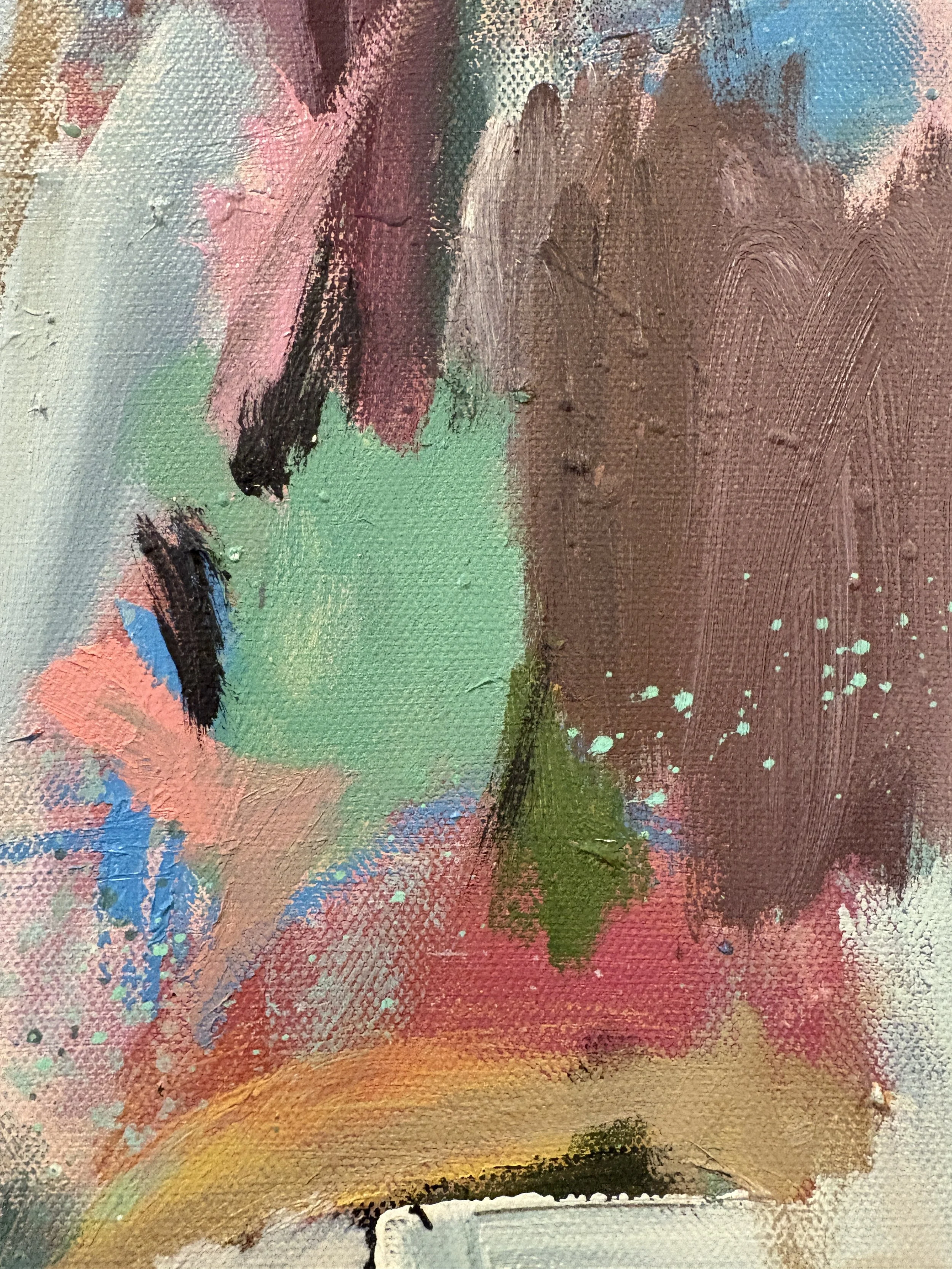 Close-up of a heavily textured abstract painting in layered teal, pink, green, brown, blue, and orange brushstrokes