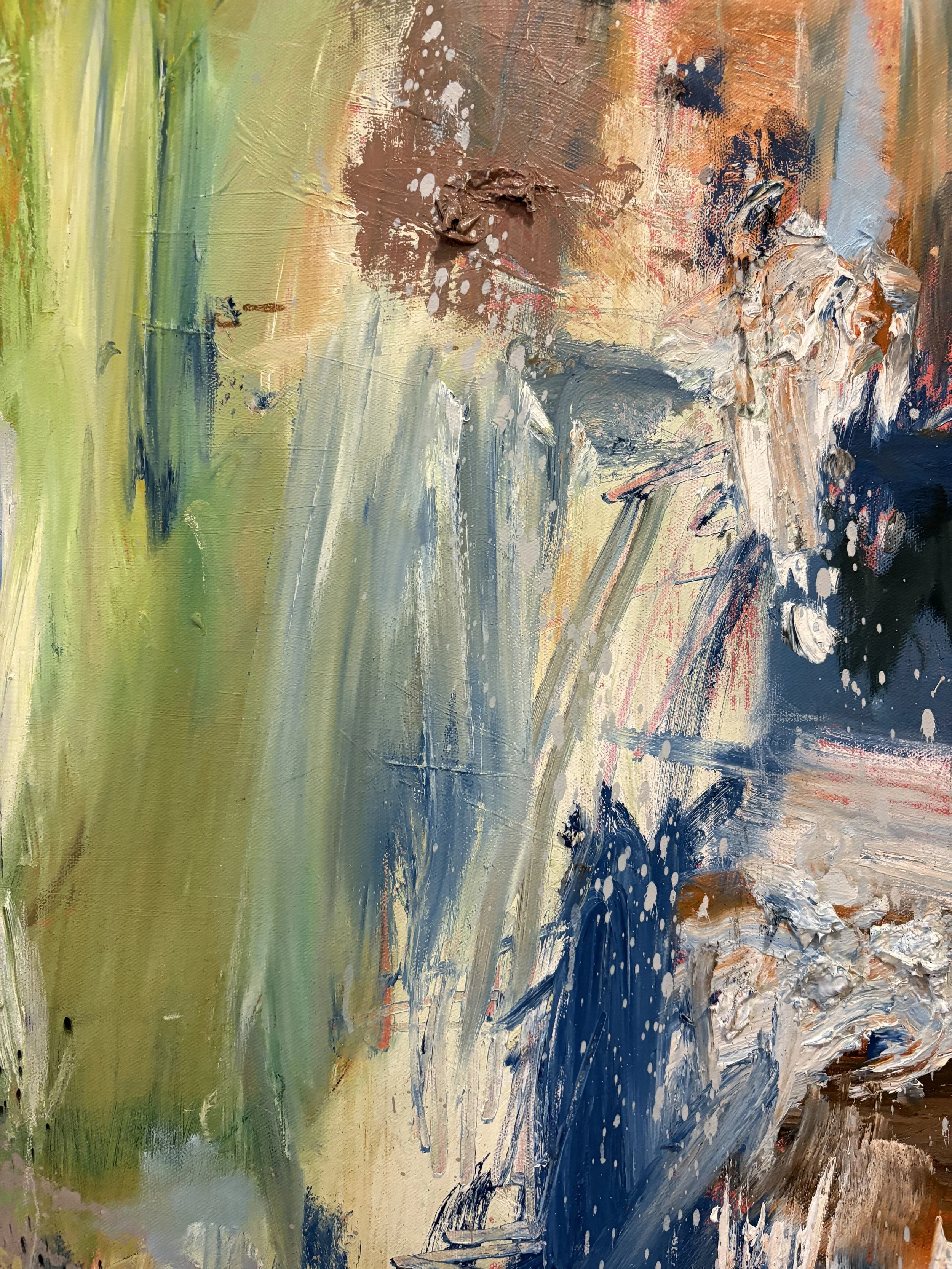 Close-up of a vibrant abstract painting with layered green, blue, brown, orange, and white textured brushstrokes