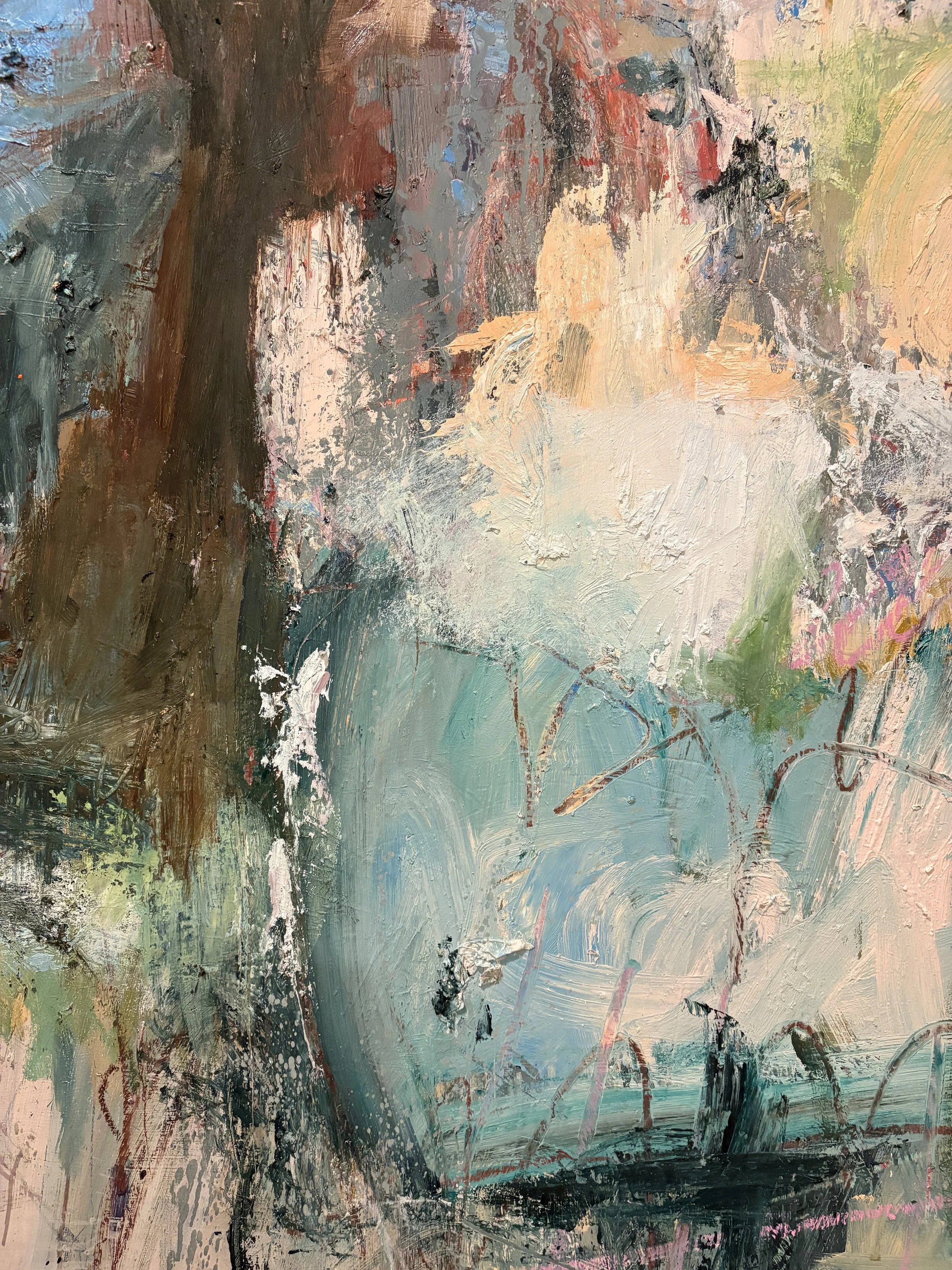 Textured abstract painting featuring layered teal, peach, brown, gray, and pink brushstrokes.