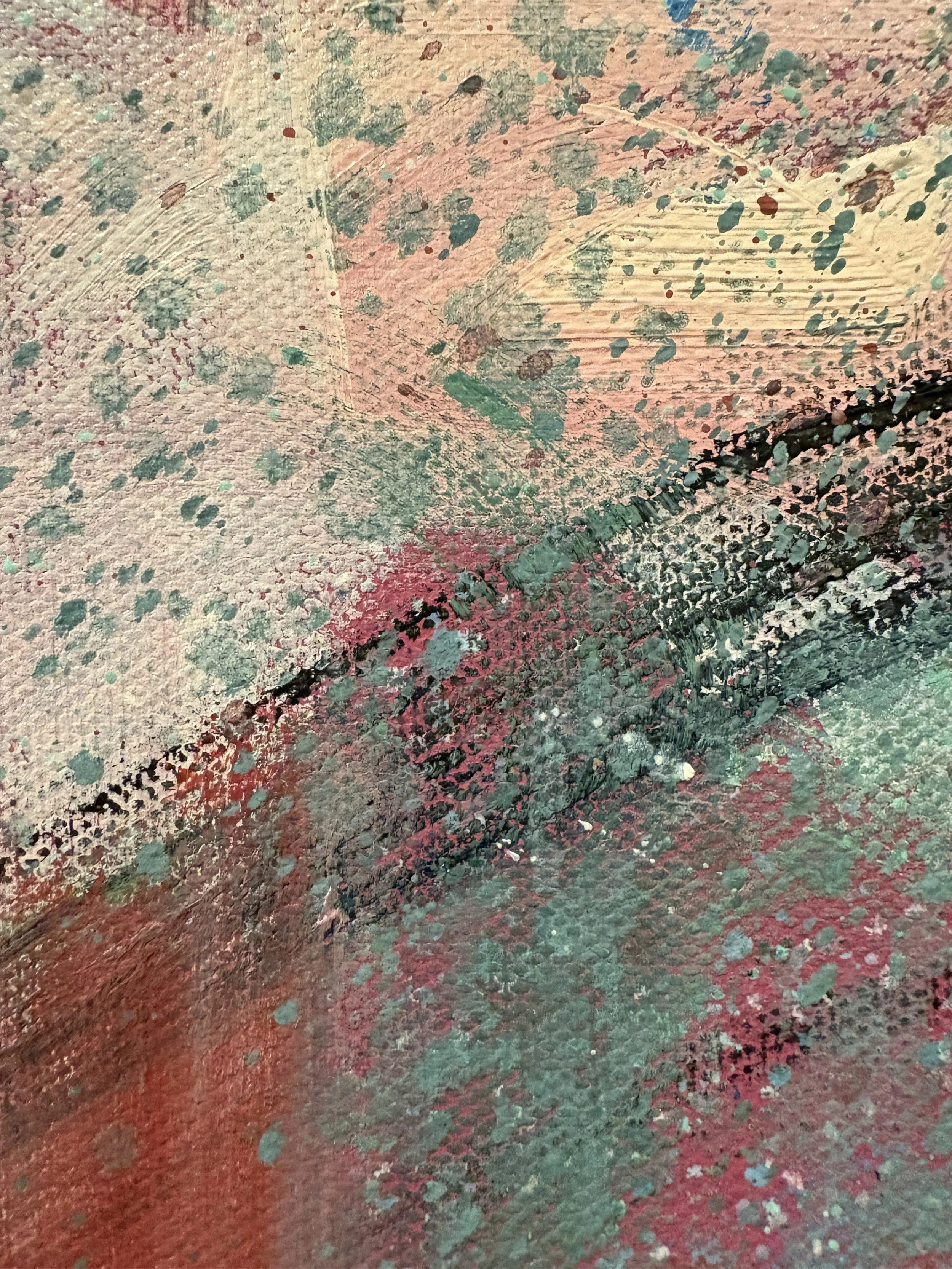 Close-up of a heavily textured abstract painting in muted pink, green, beige, red, and black tones.
