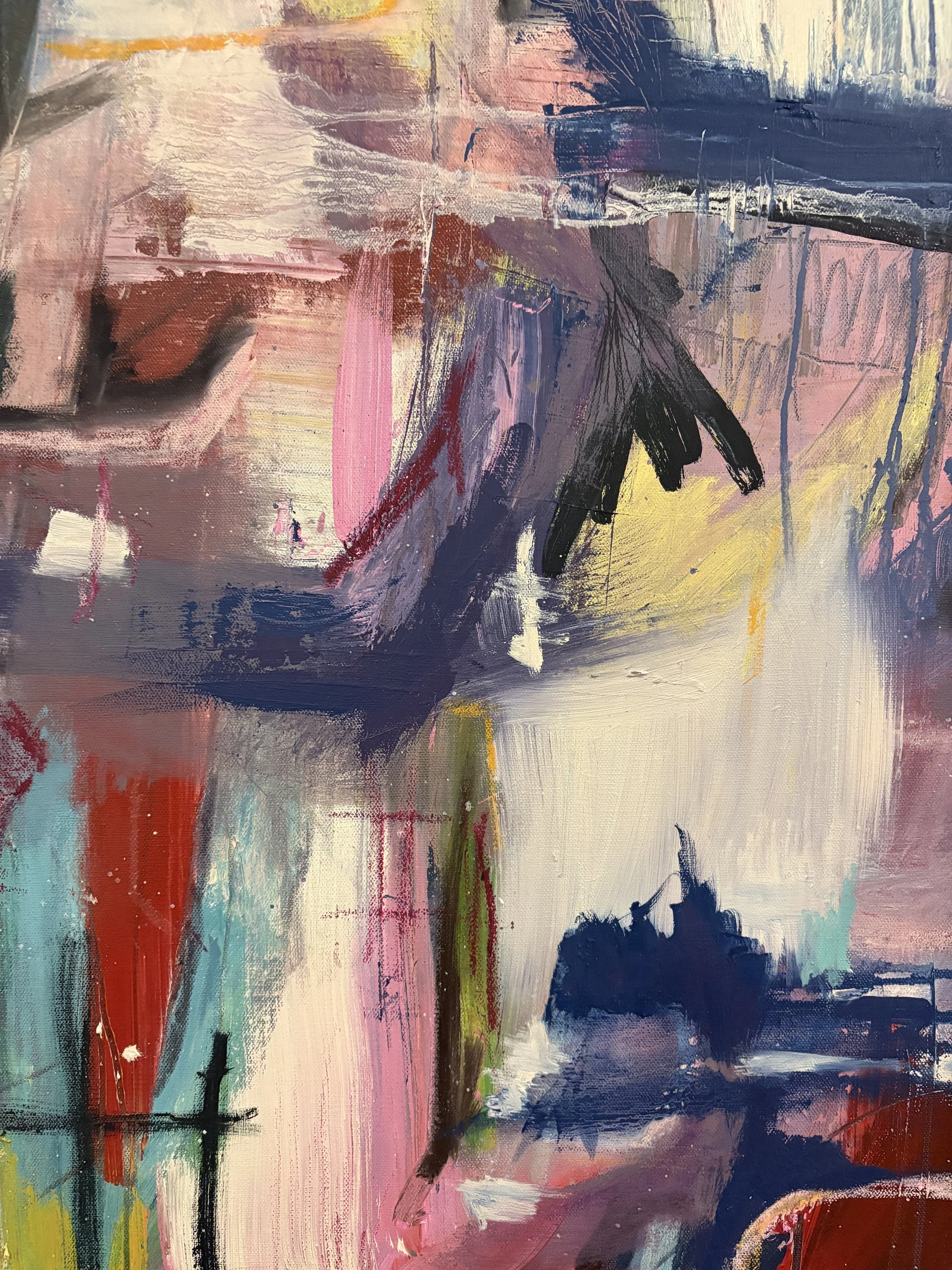 Abstract mixed-media painting with layered brushstrokes in pink, navy, cream, red, teal, yellow, and purple