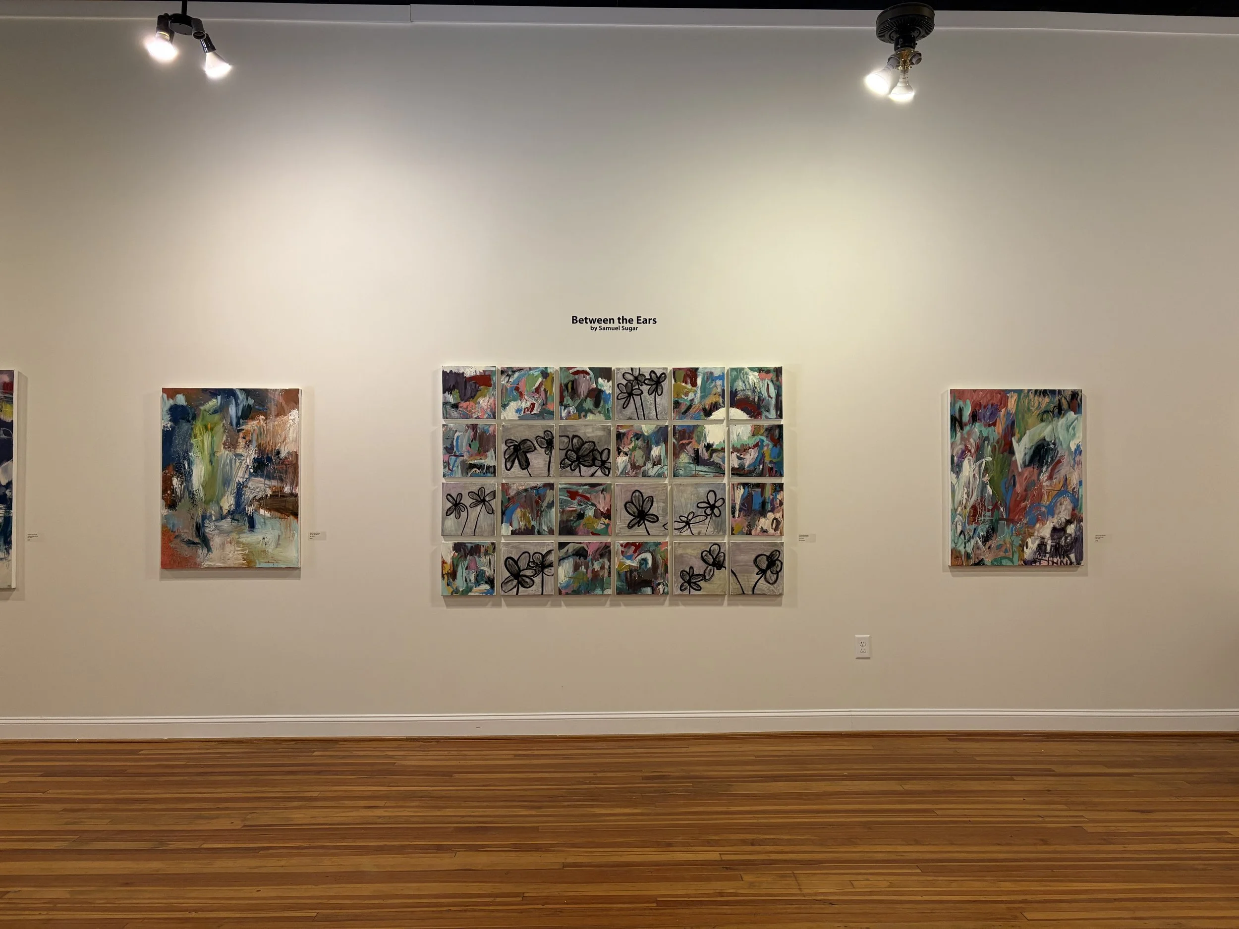 Gallery wall displaying Samuel Sugar’s “Between the Ears” abstract floral artwork, with colorful paintings arranged around a central grid.