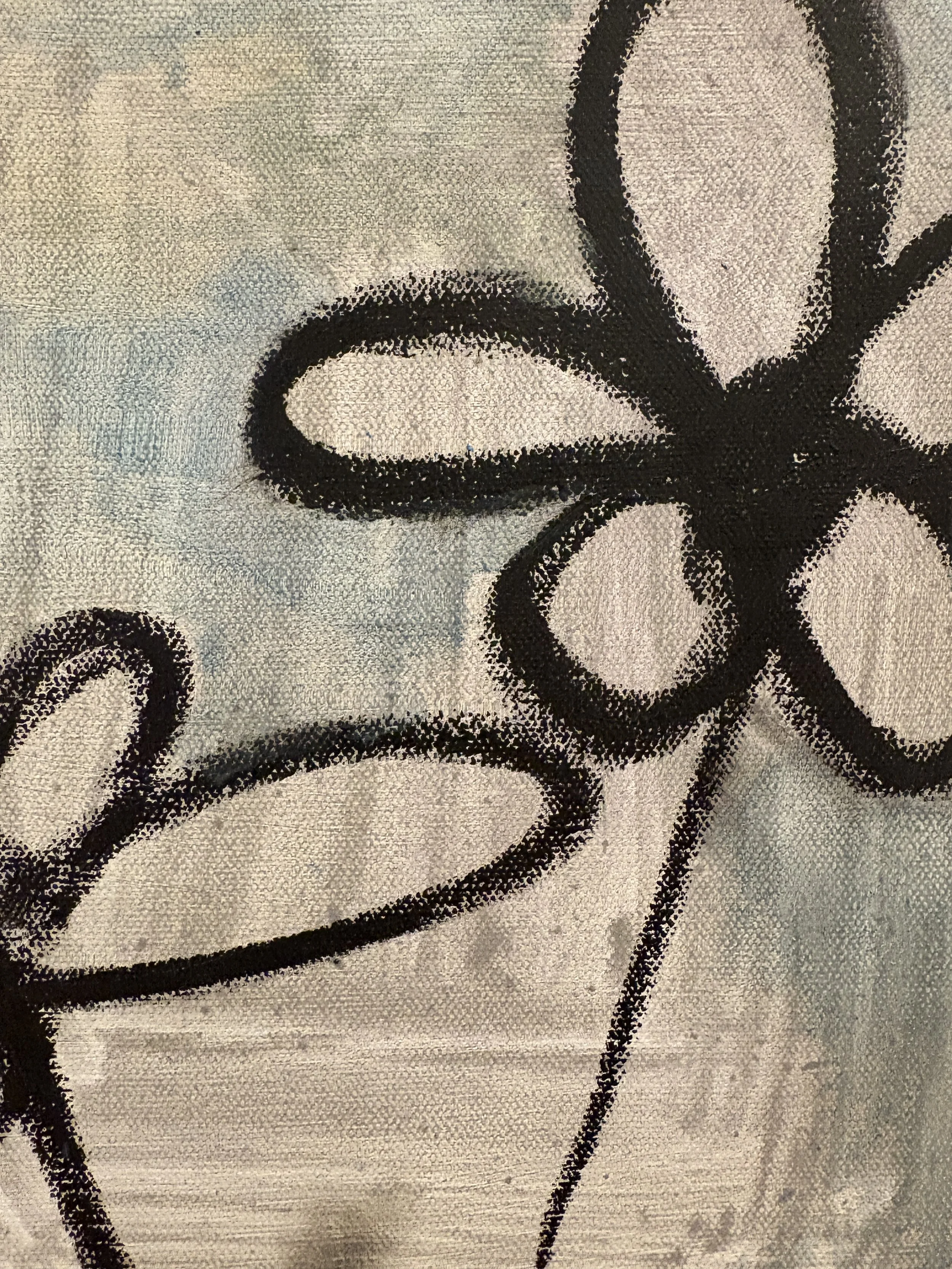 Close-up of textured fabric with an abstract black, gray, and beige floral pattern