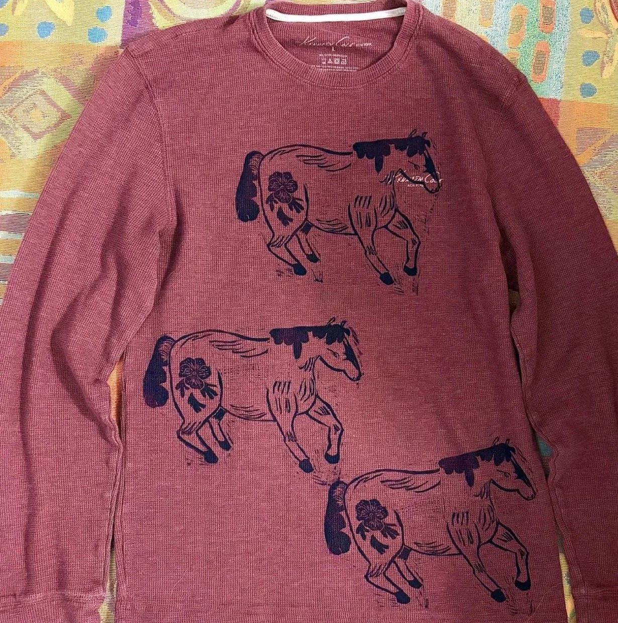 3 horse block print  maroon long sleeve