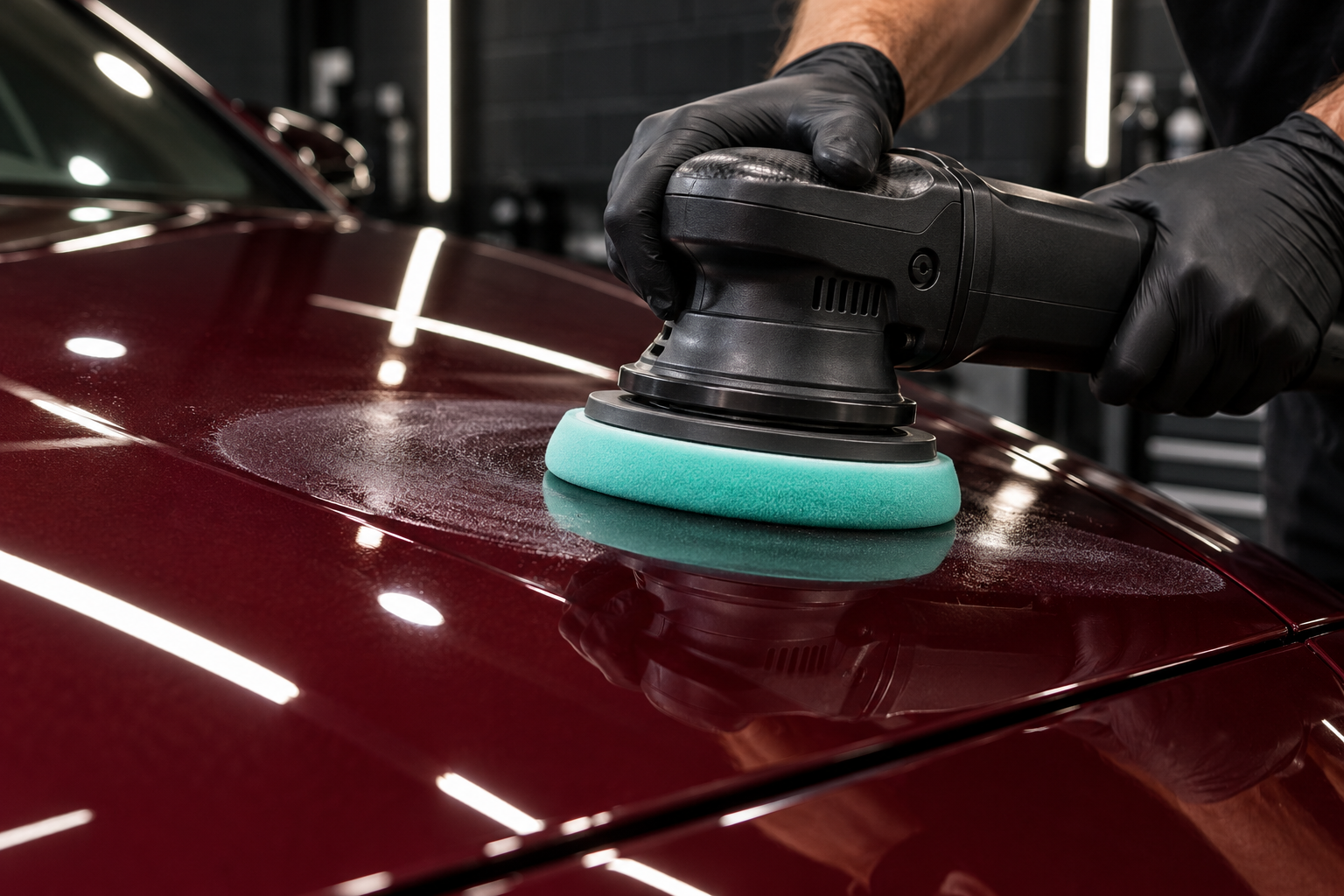 Close-up of a dual-action polisher refining burgundy automotive paint