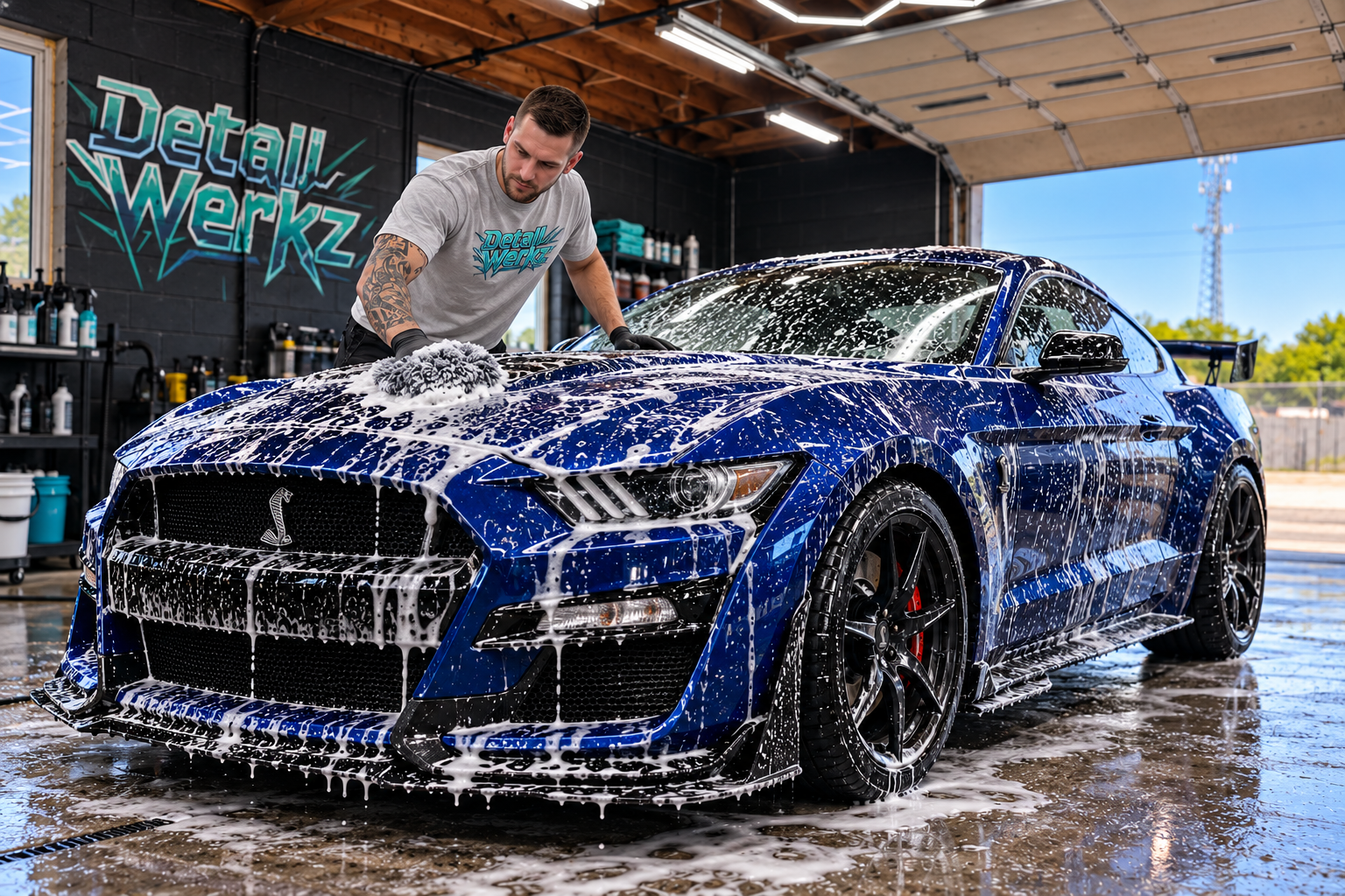 Nick carefully hand washing a blue performance car at Detail Werkz