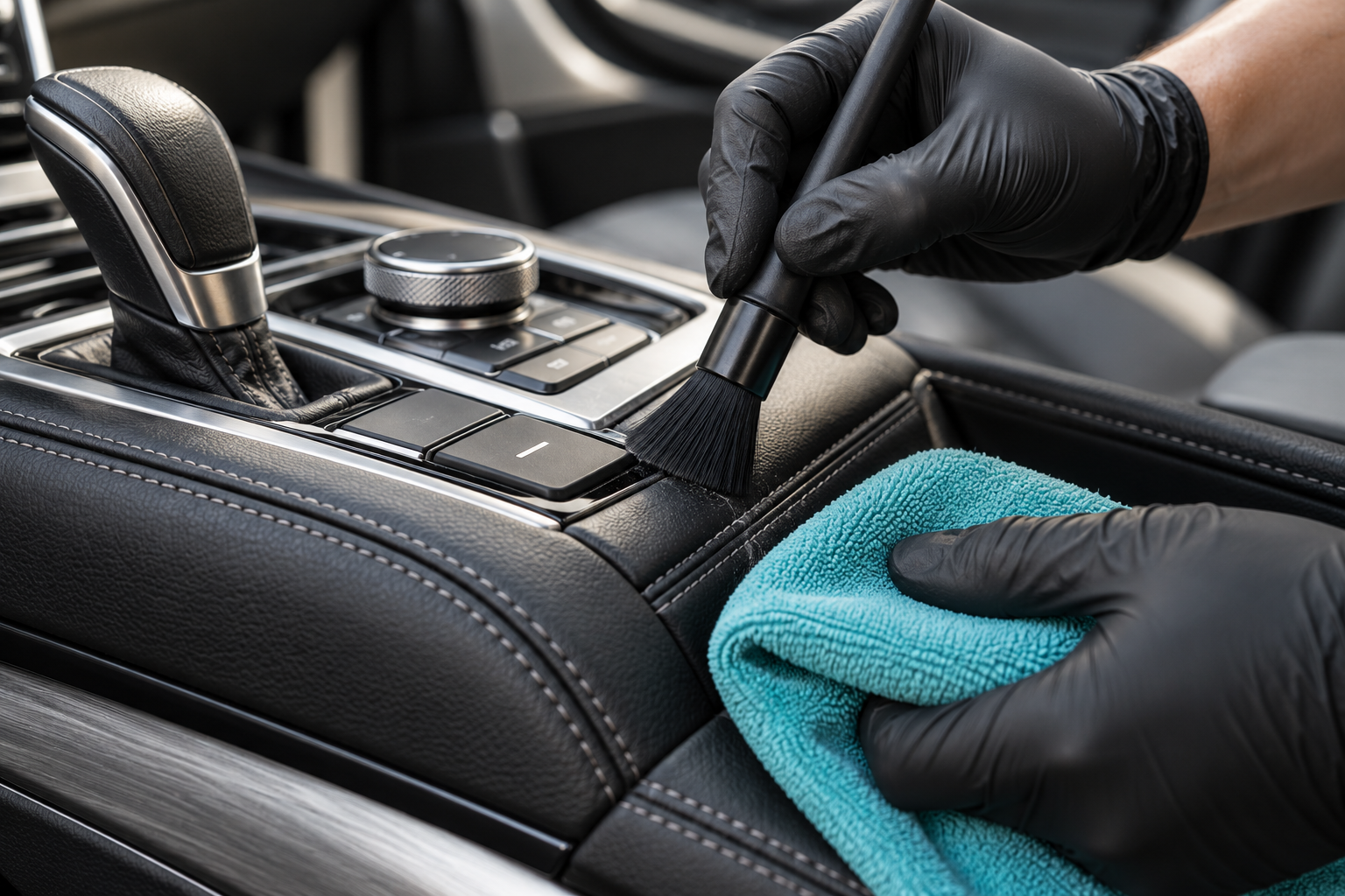 Close-up of gentle interior detailing with a soft brush and microfiber cloth