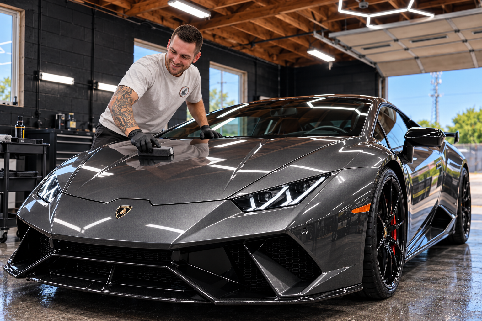 Nick applying ceramic coating by hand to a graphite Lamborghini Huracán at Detail Werkz
