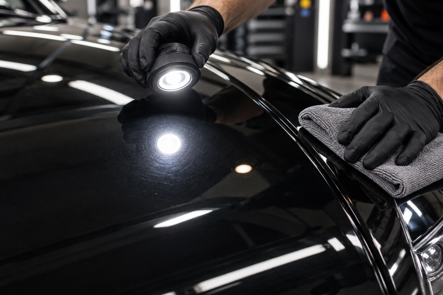 Paint inspection light revealing fine swirl marks before correction