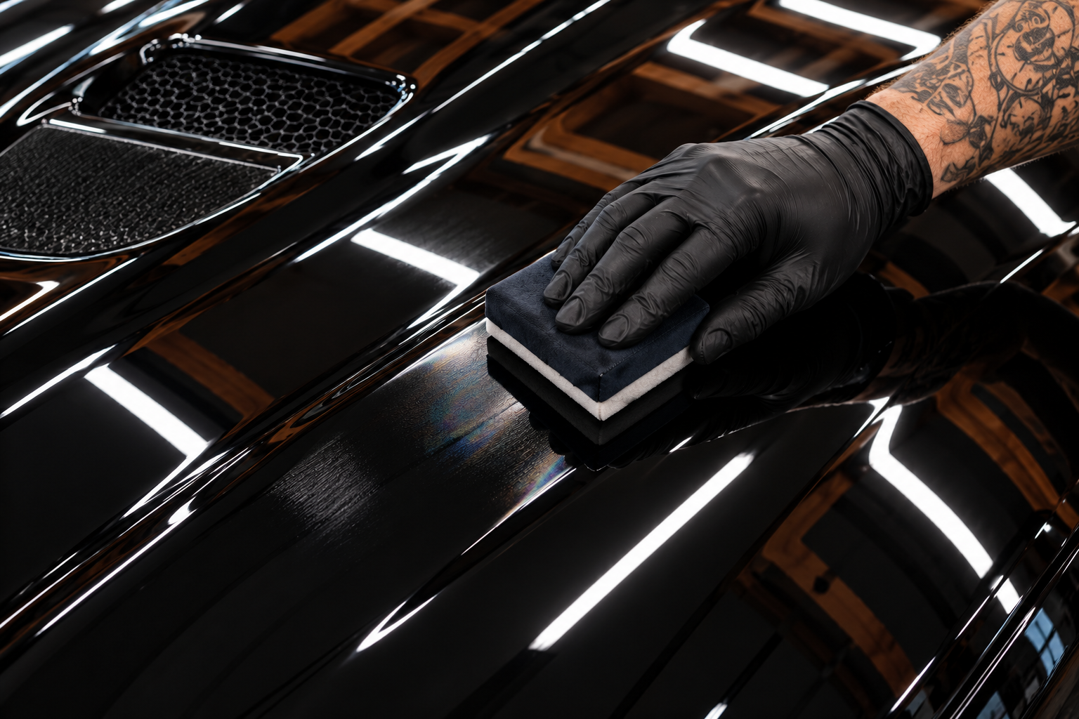 Close-up of a gloved hand applying ceramic coating to black Dodge Viper paint with a suede applicator