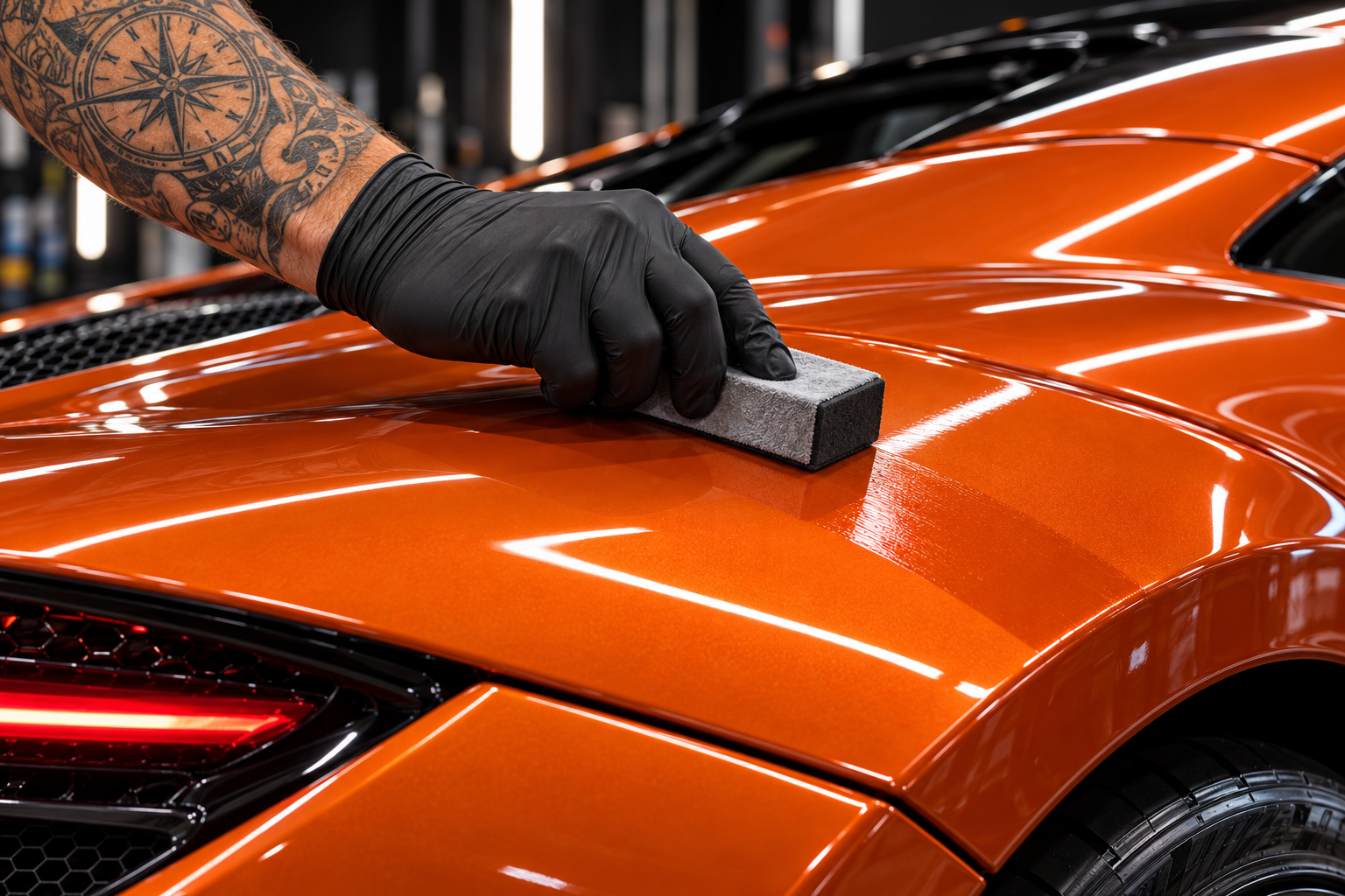 Close-up of a gloved hand applying ceramic coating to orange McLaren paint with a suede applicator