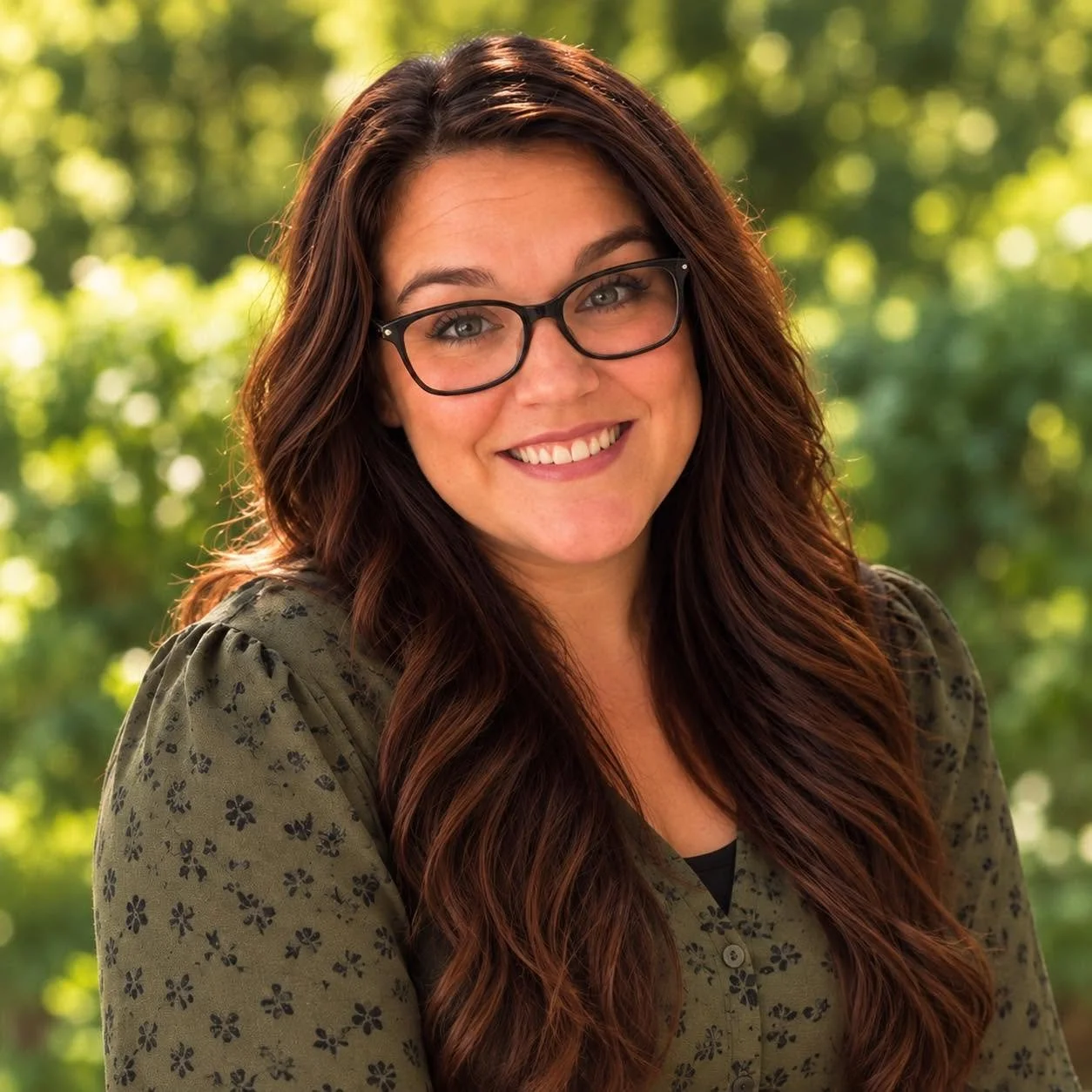 Smiling woman with long brown hair and glasses outdoors in soft natural light
