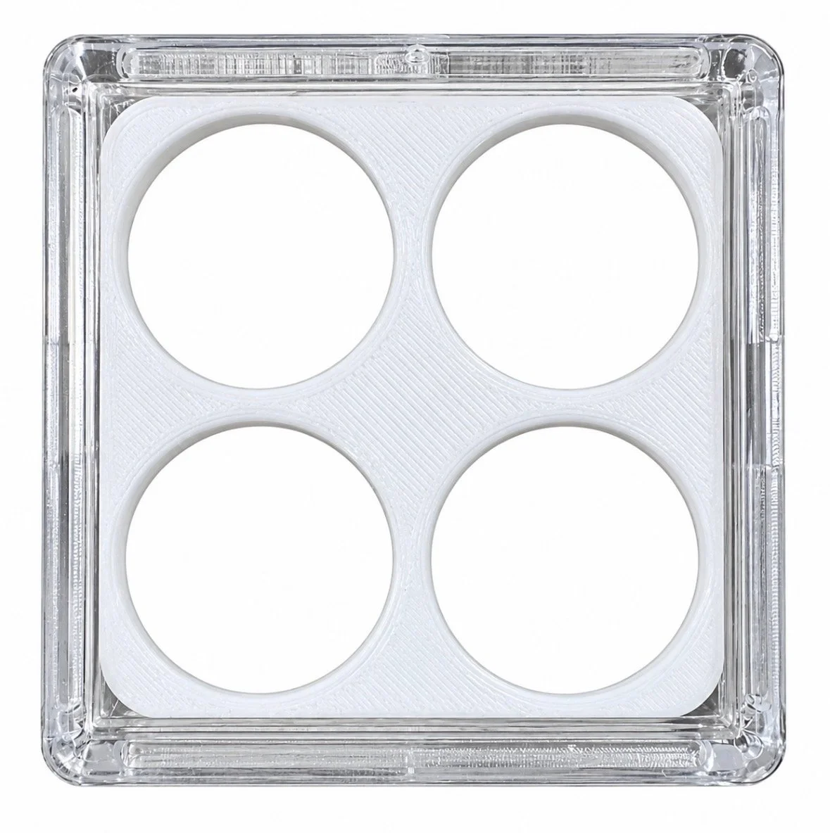 Clear square four-compartment coin case with four circular holes