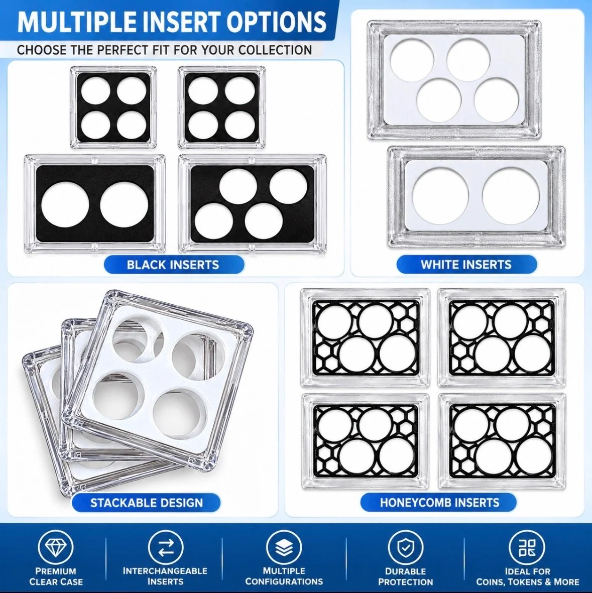 Product graphic showing clear coin cases with interchangeable black, white, and honeycomb inserts in two- and four-compartment configurations.