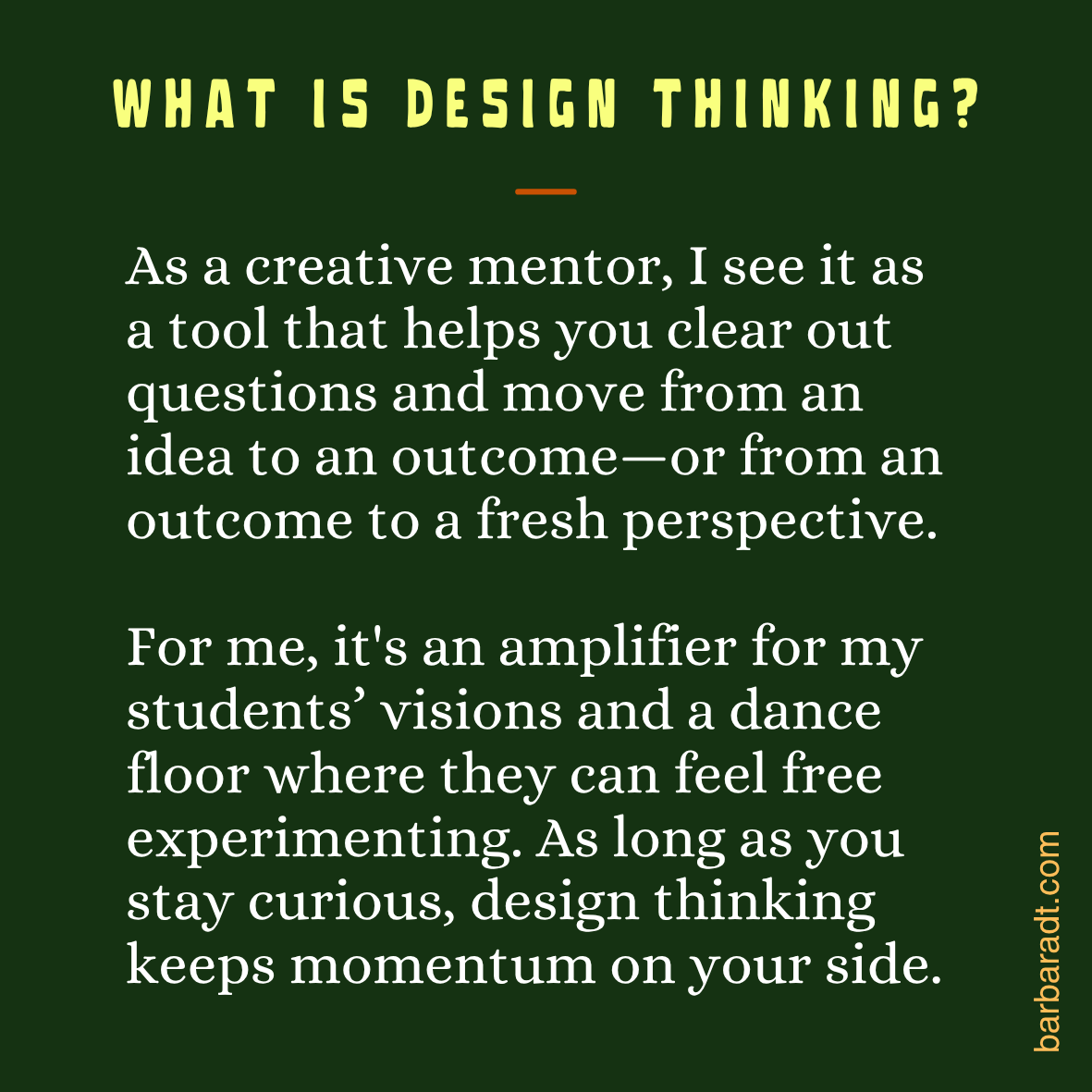 Graphic titled “What Is Design Thinking?” explaining design thinking as a creative tool for clarifying questions, developing ideas, amplifying students’ visions, and encouraging experimentation.