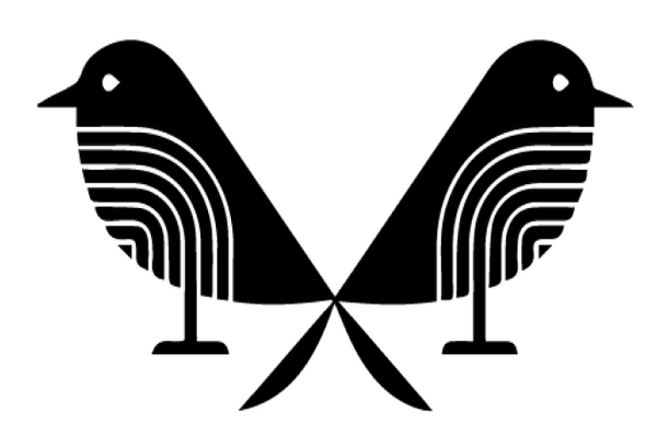 Black mirrored bird logo with layered striped wings and crossed tails