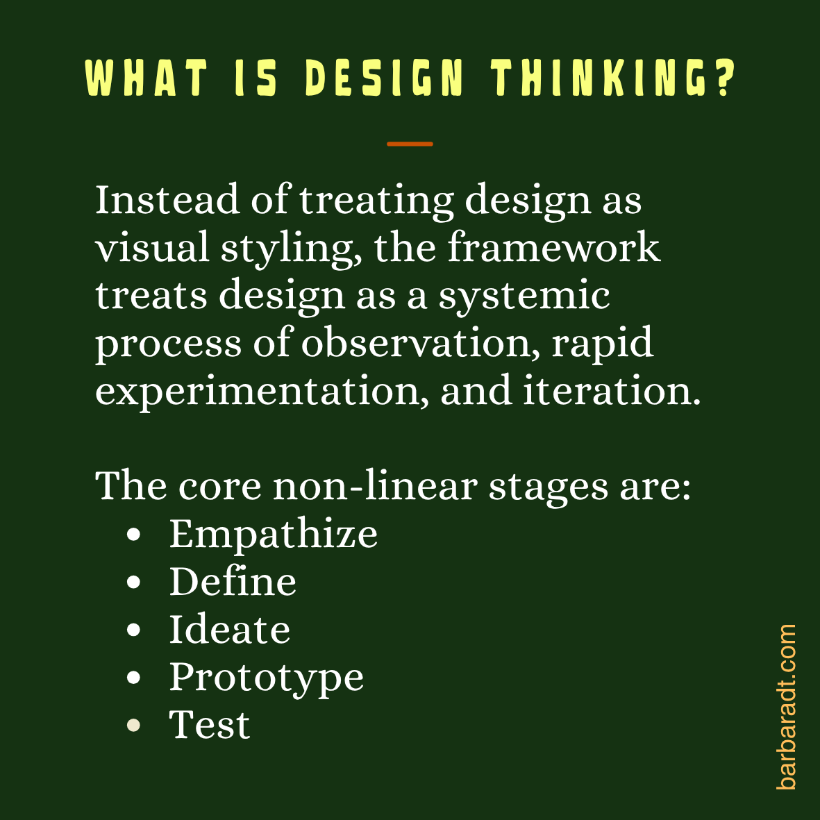 Graphic explaining design thinking as a systemic process of observation, rapid experimentation, and iteration, with stages including empathize, define, ideate, prototype, and test.