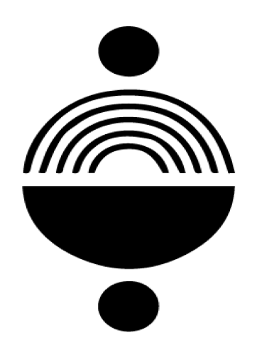 Black abstract logo featuring a bowl-shaped semicircle, curved rainbow lines, and two dots on a white background
