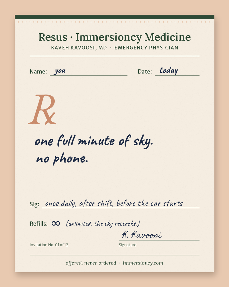 Prescription pad from Kaveh Kavoosi, MD, handwritten: Rx: one full minute of sky. no phone.