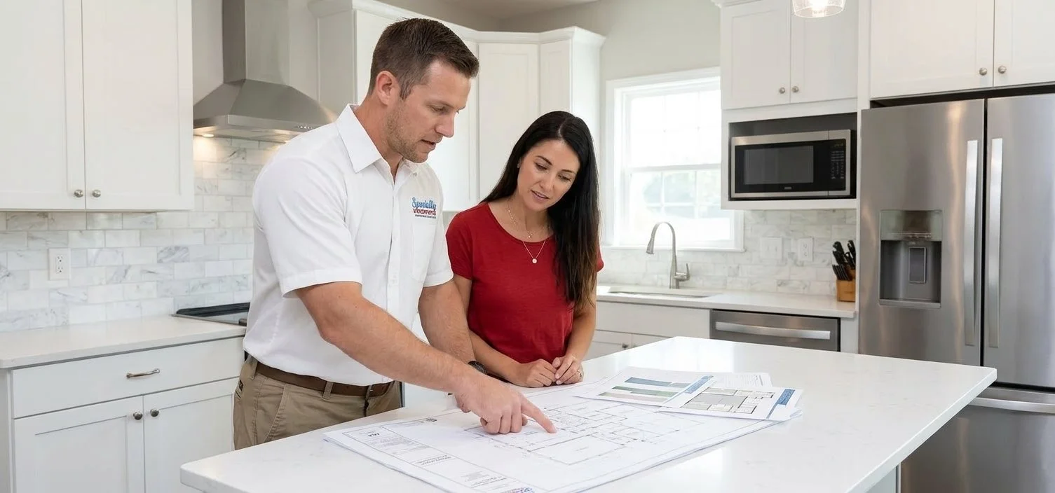 Waterproofing specialist reviewing foundation repair solutions with a woman at a modern kitchen island