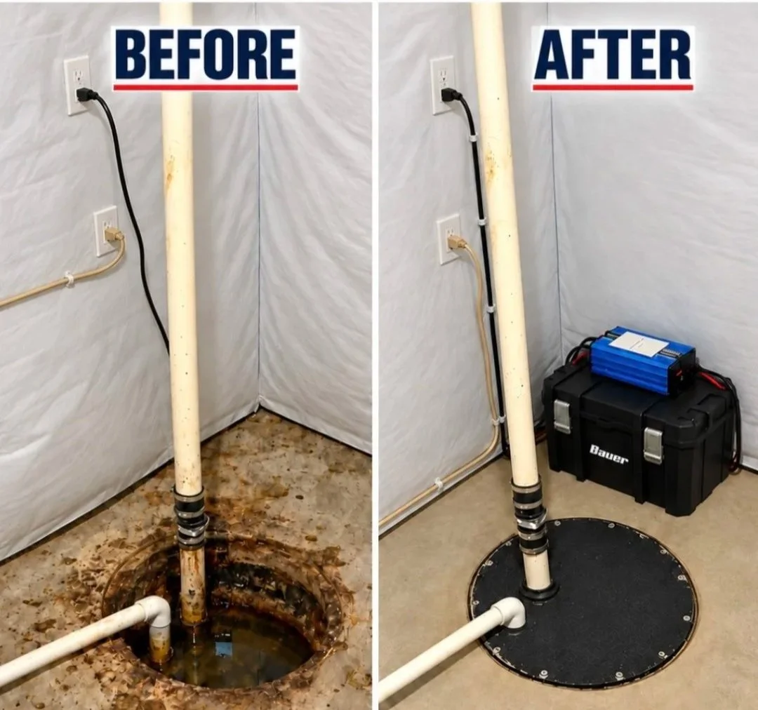Before-and-after photo of a basement sump pump installation, showing an open muddy sump pit before and a sealed black cover with equipment case afterward.