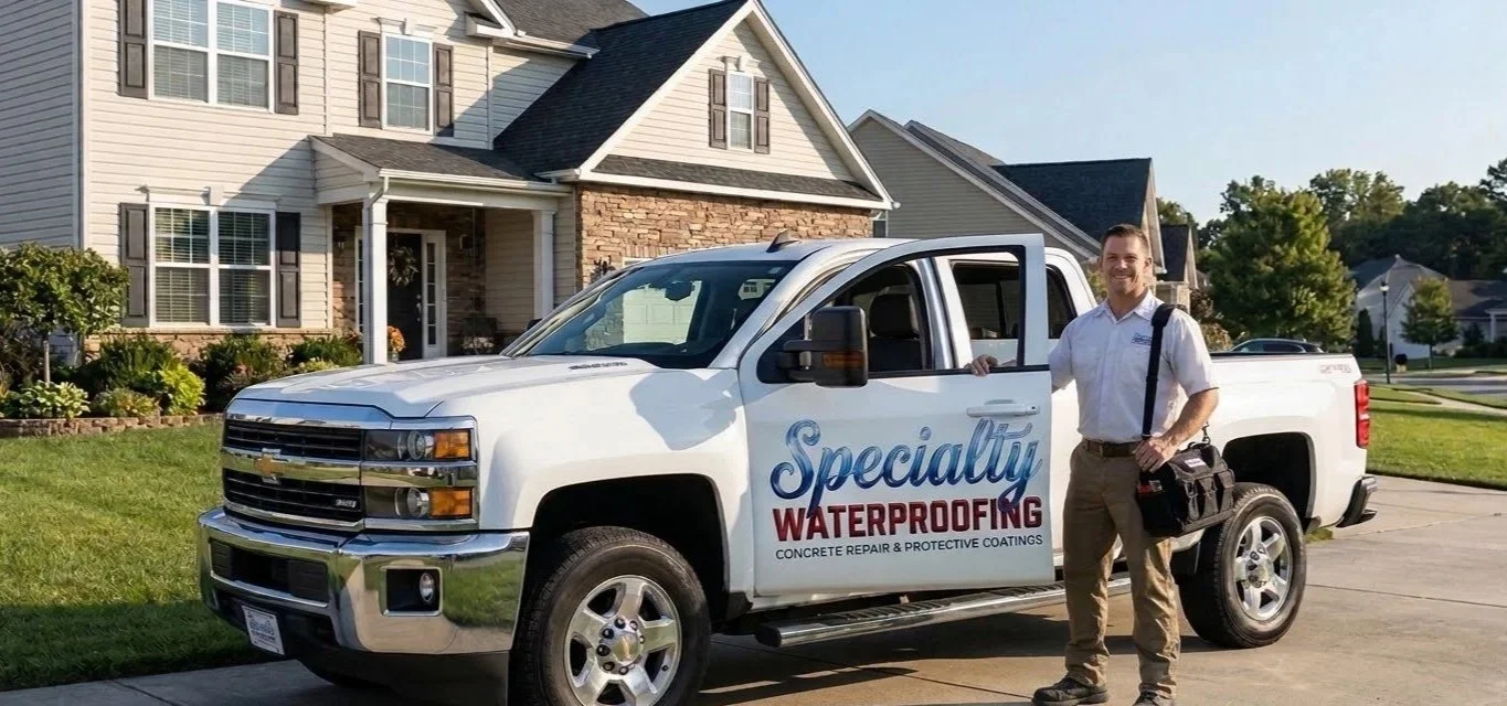 Waterproofing technician standing beside a branded Chevrolet Silverado service truck in a suburban driveway