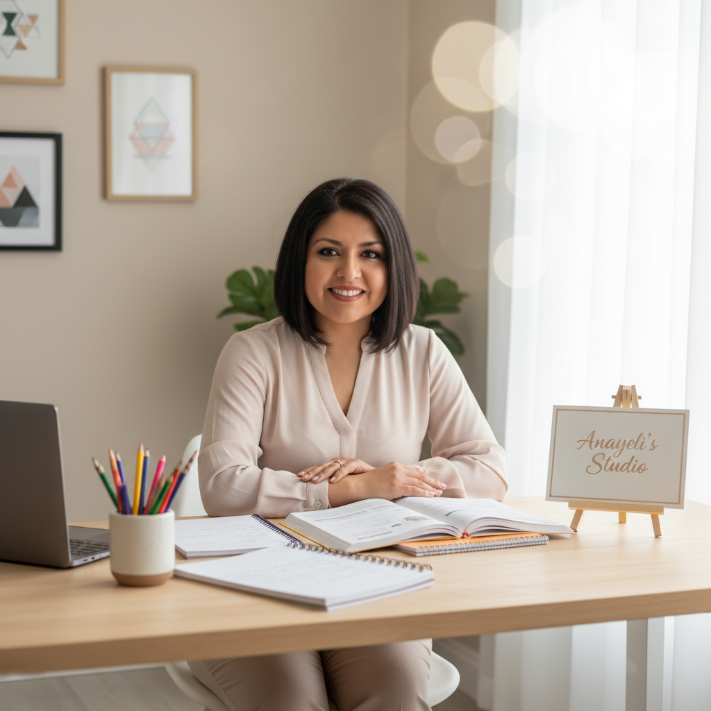 Smiling woman seated at a studio desk with an open notebook, laptop, colored pencils, houseplants, and a sign reading “Anayeli’s Studio”