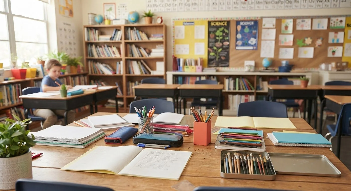 Bright elementary school classroom with student desks, open notebooks, colored pencils, bookshelves, plants, and educational displays