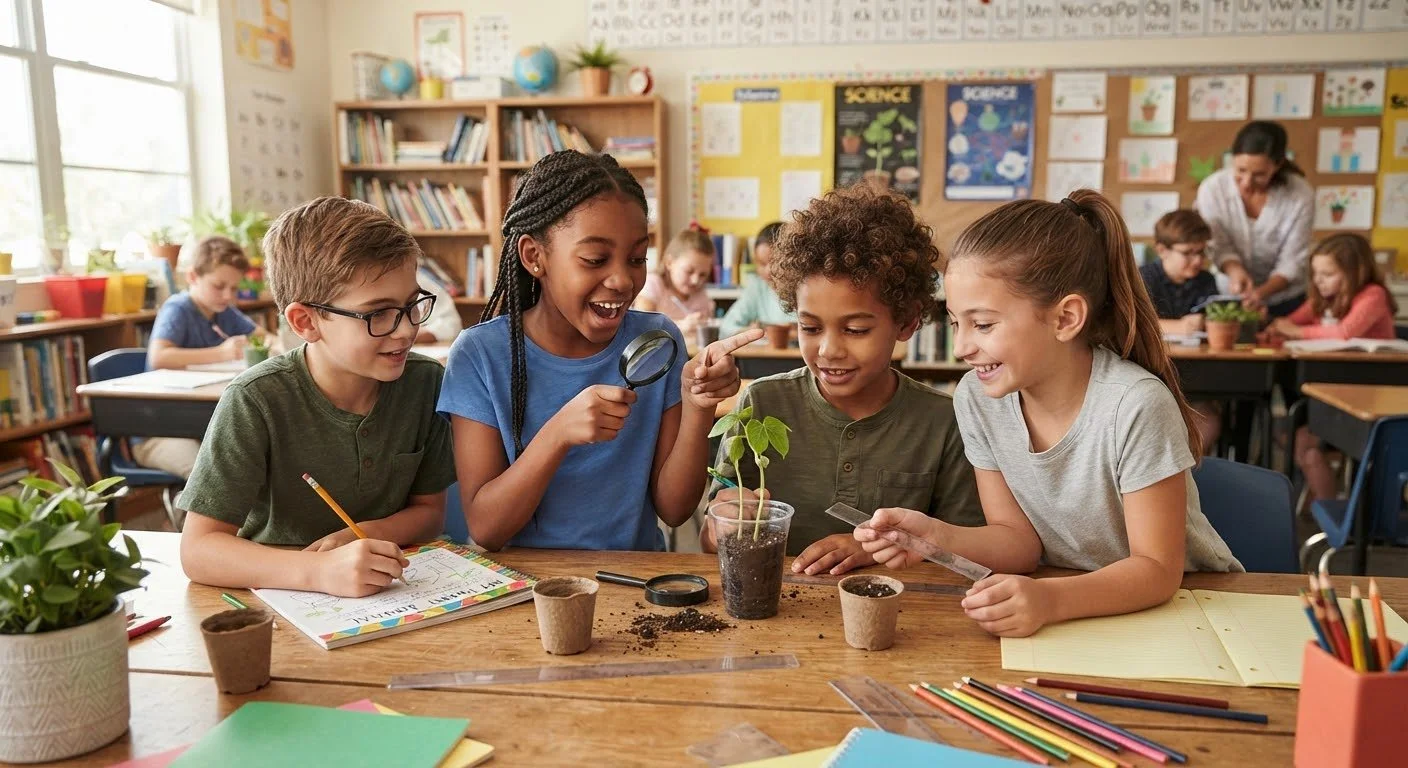 Elementary school students examining a seedling with a magnifying glass during a classroom science activity