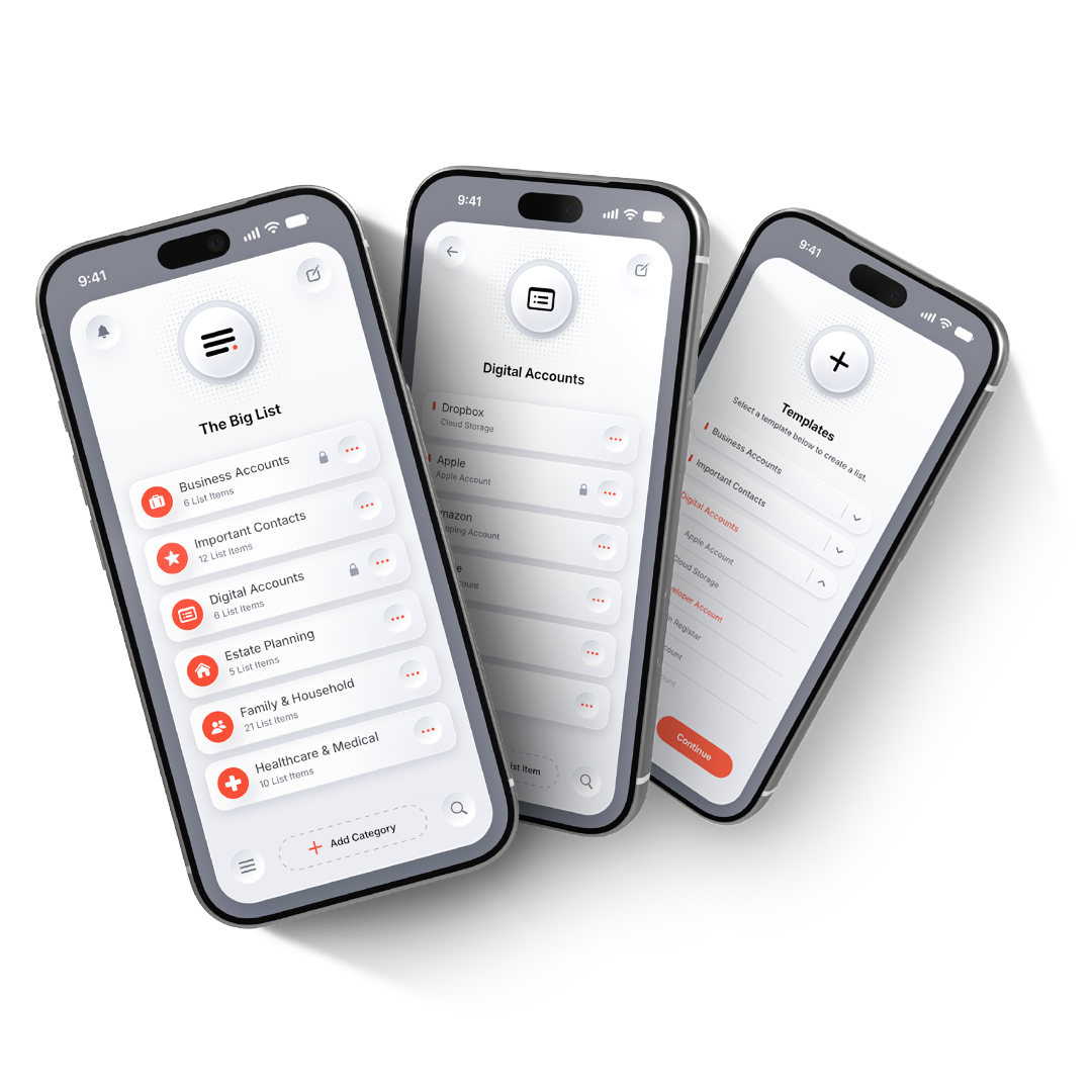 The Big List app showing categories, digital accounts and templates