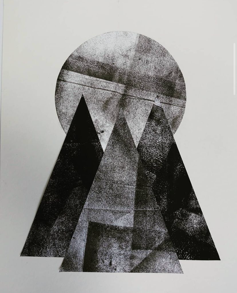 Black-and-white abstract collage of overlapping geometric mountain shapes beneath a large textured circular form