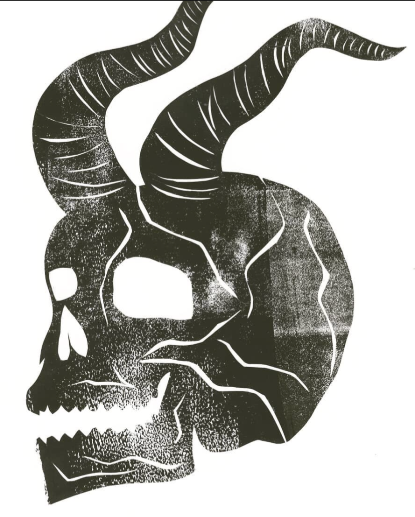 Black-and-white stylized illustration of a horned goat or ram skull with large curved horns