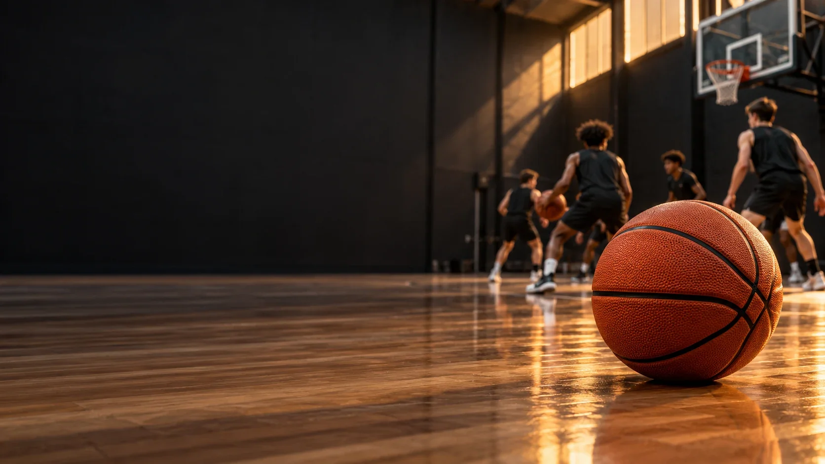 Basketball on an indoor court, with players training in the background.