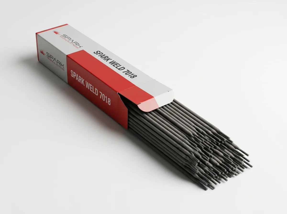 Open red-and-white Spark Weld 7018 box containing a bundle of dark welding electrodes